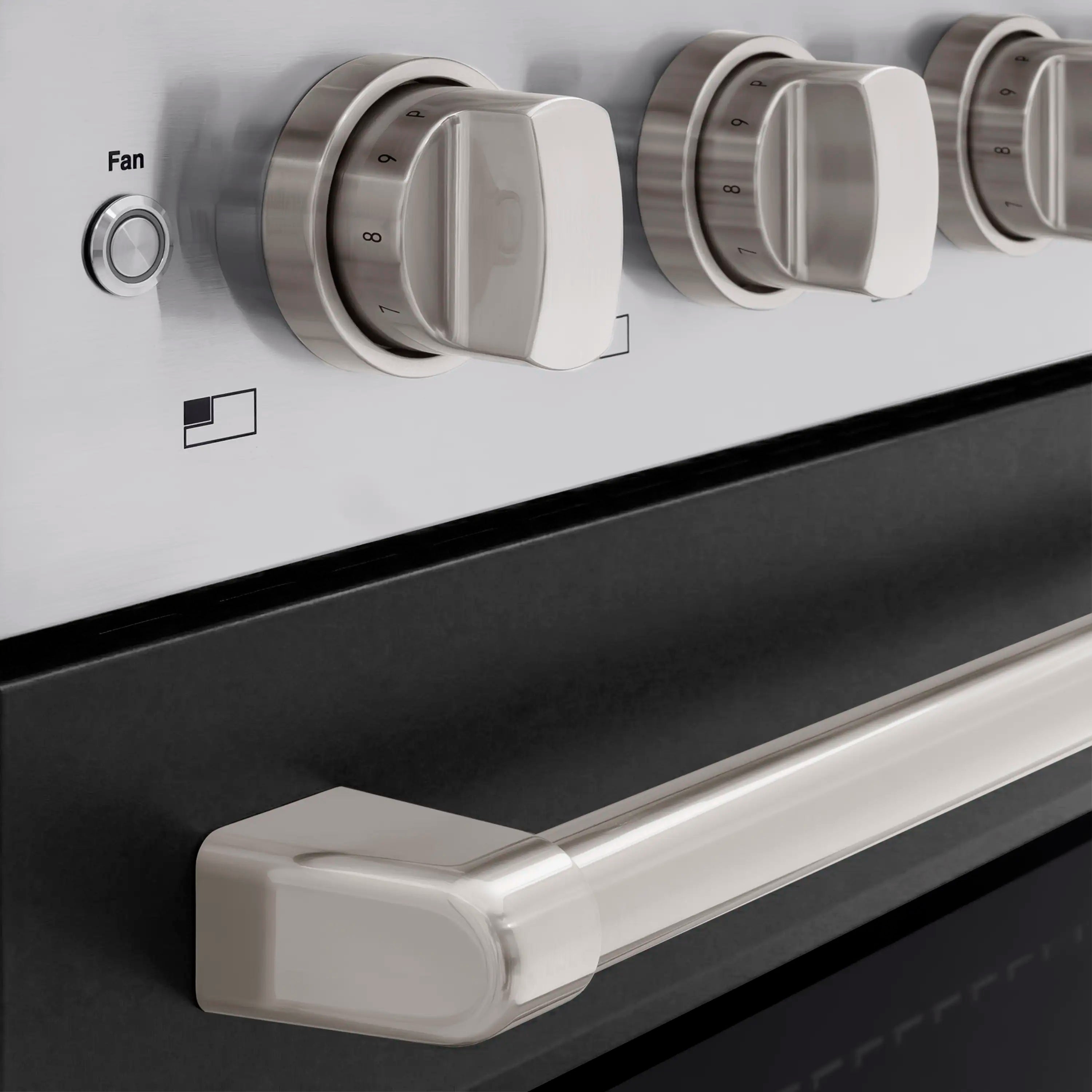 Stainless steel oven control panel with rotary knobs and fan setting dial