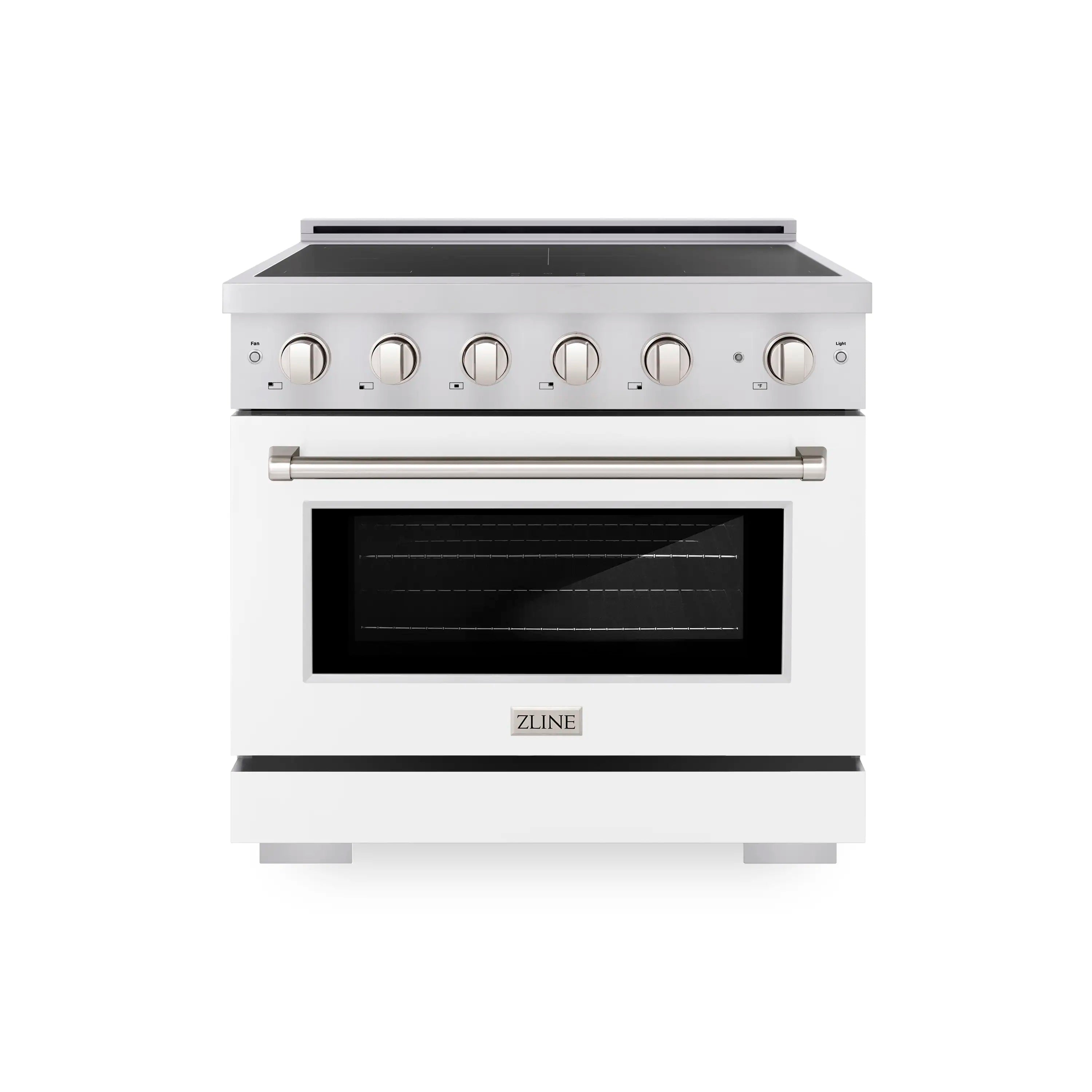 Stainless induction range front with white matte door and black oven window
