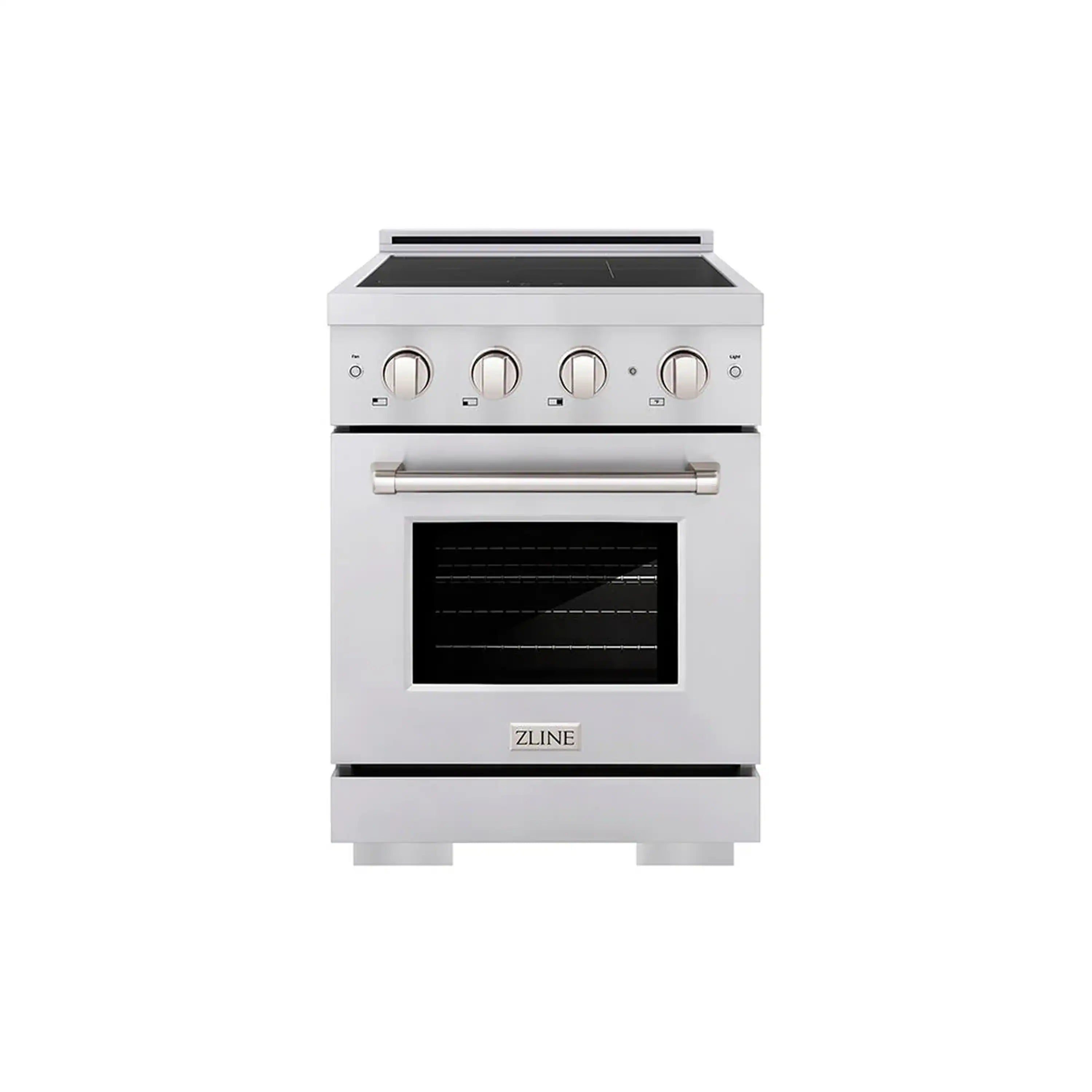 Stainless steel induction range with 4 control knobs and black glass cooktop