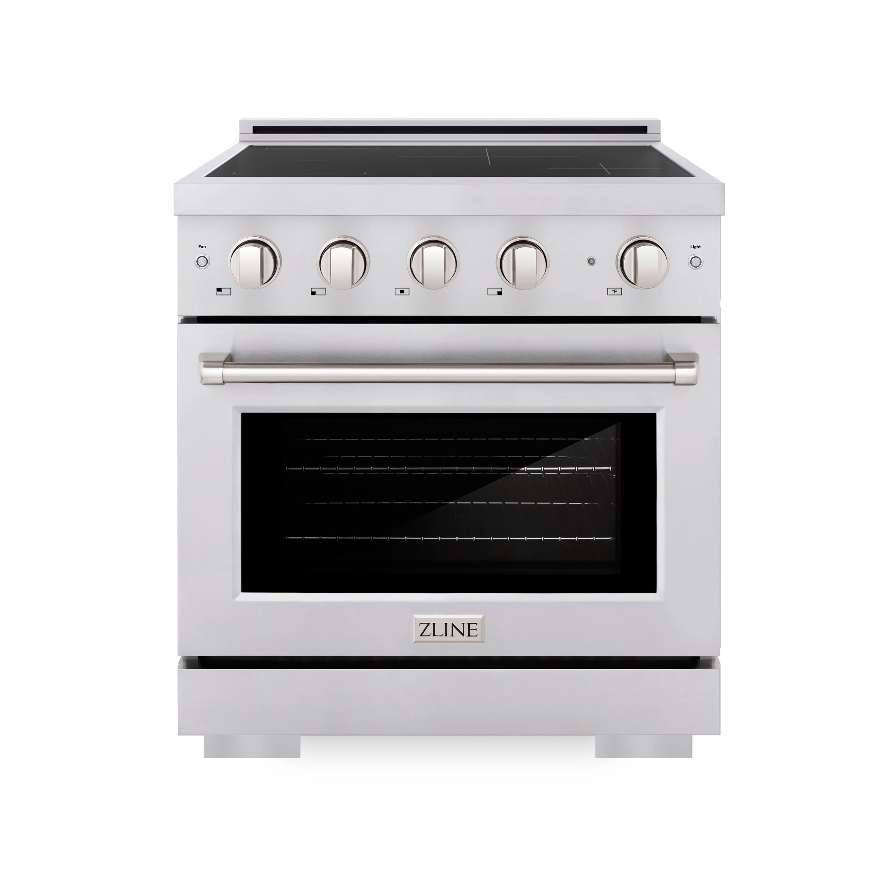Stainless steel induction range front view with oven window and control knobs