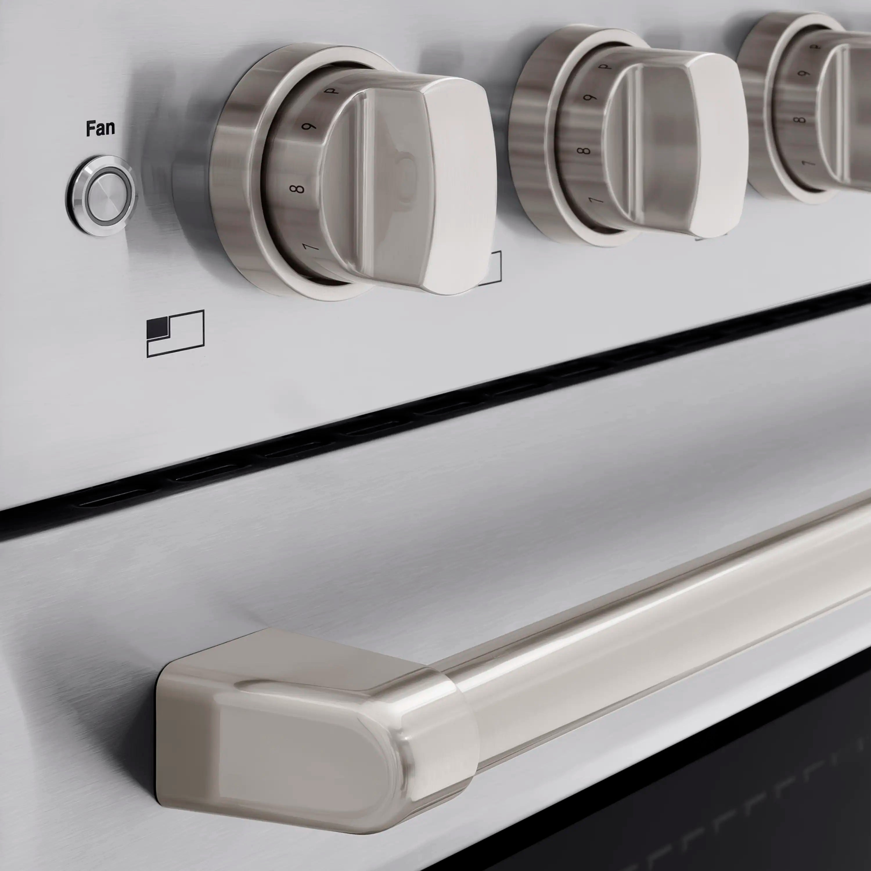 Stainless steel oven with rotary control knobs on smooth front panel