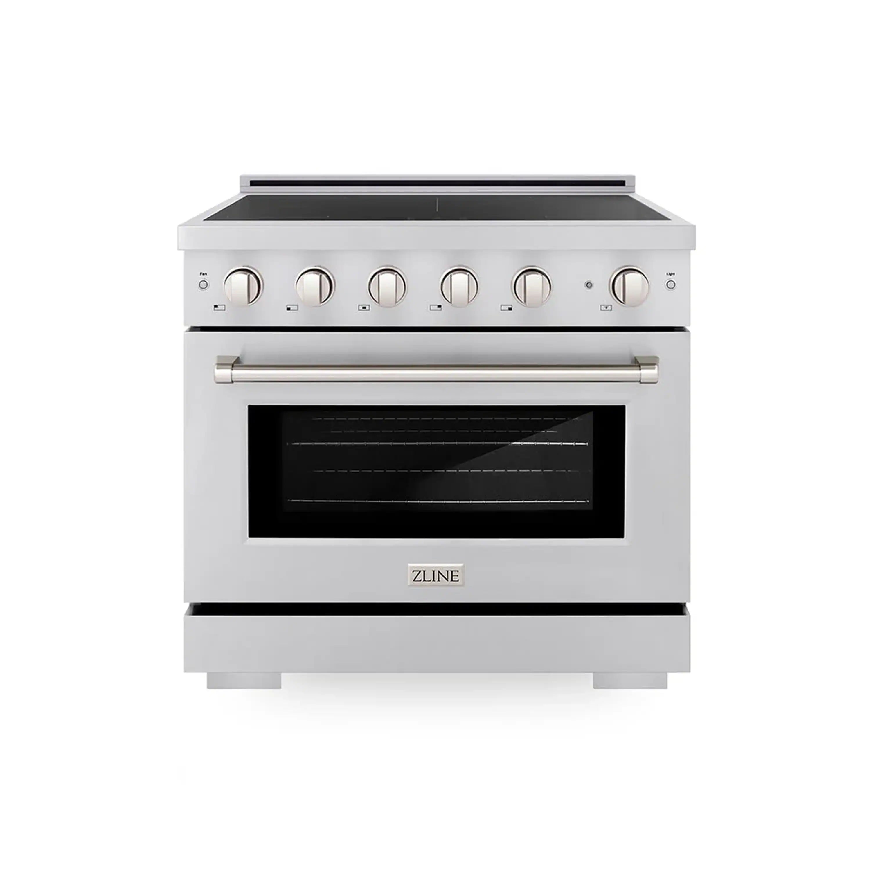 Stainless steel induction range with glass oven door and control knobs