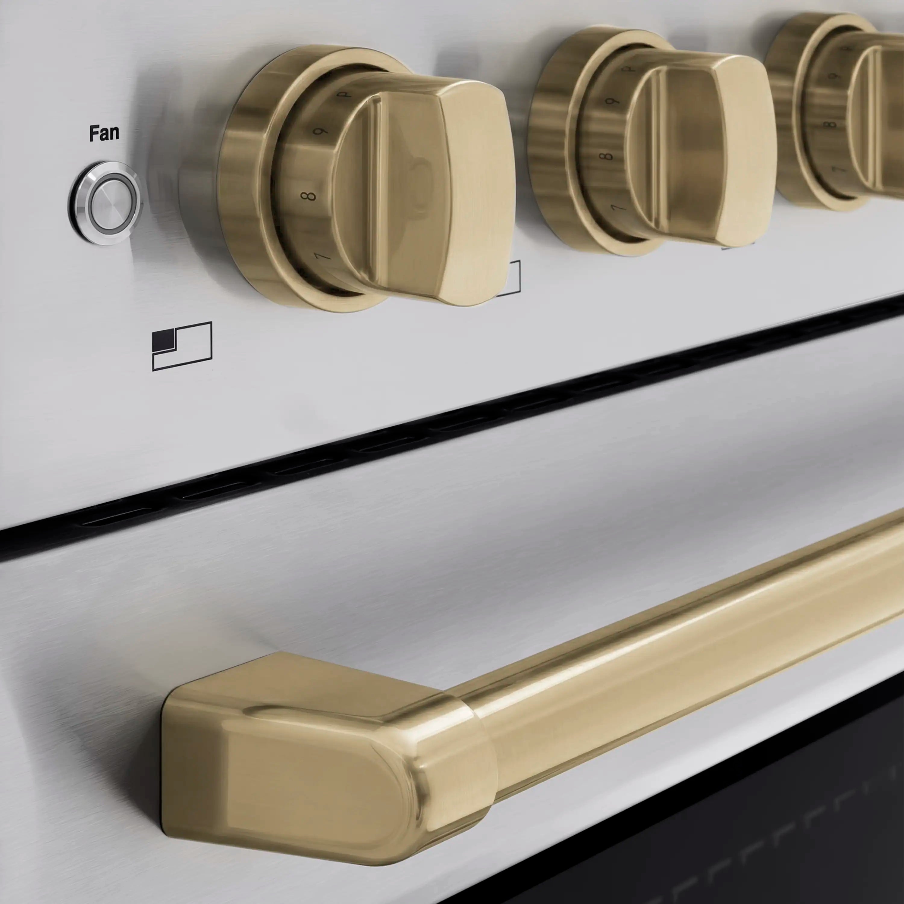 Stainless steel control panel with champagne bronze knobs and front champagne bronze handle