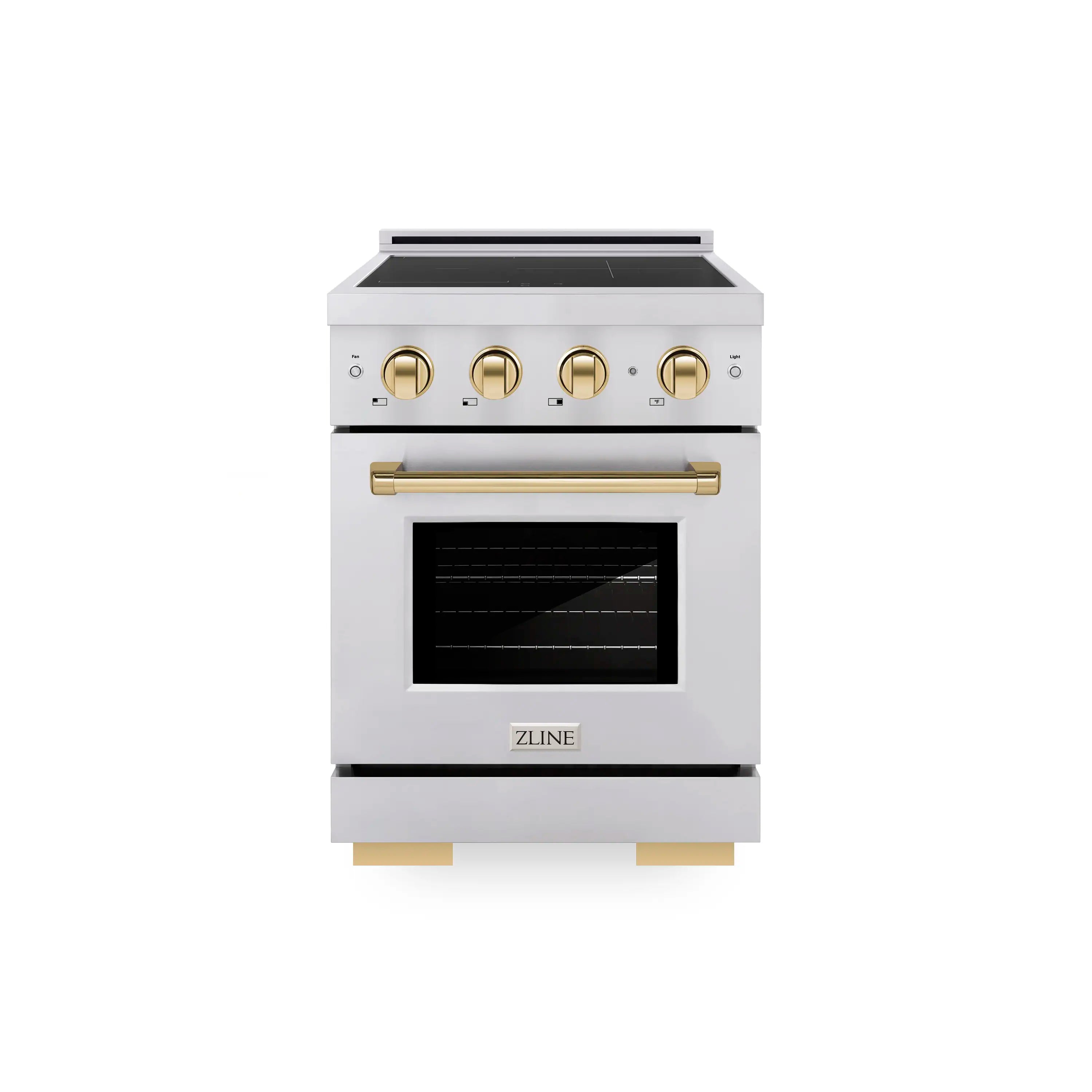Stainless induction range front view with black glass oven door and gold accents