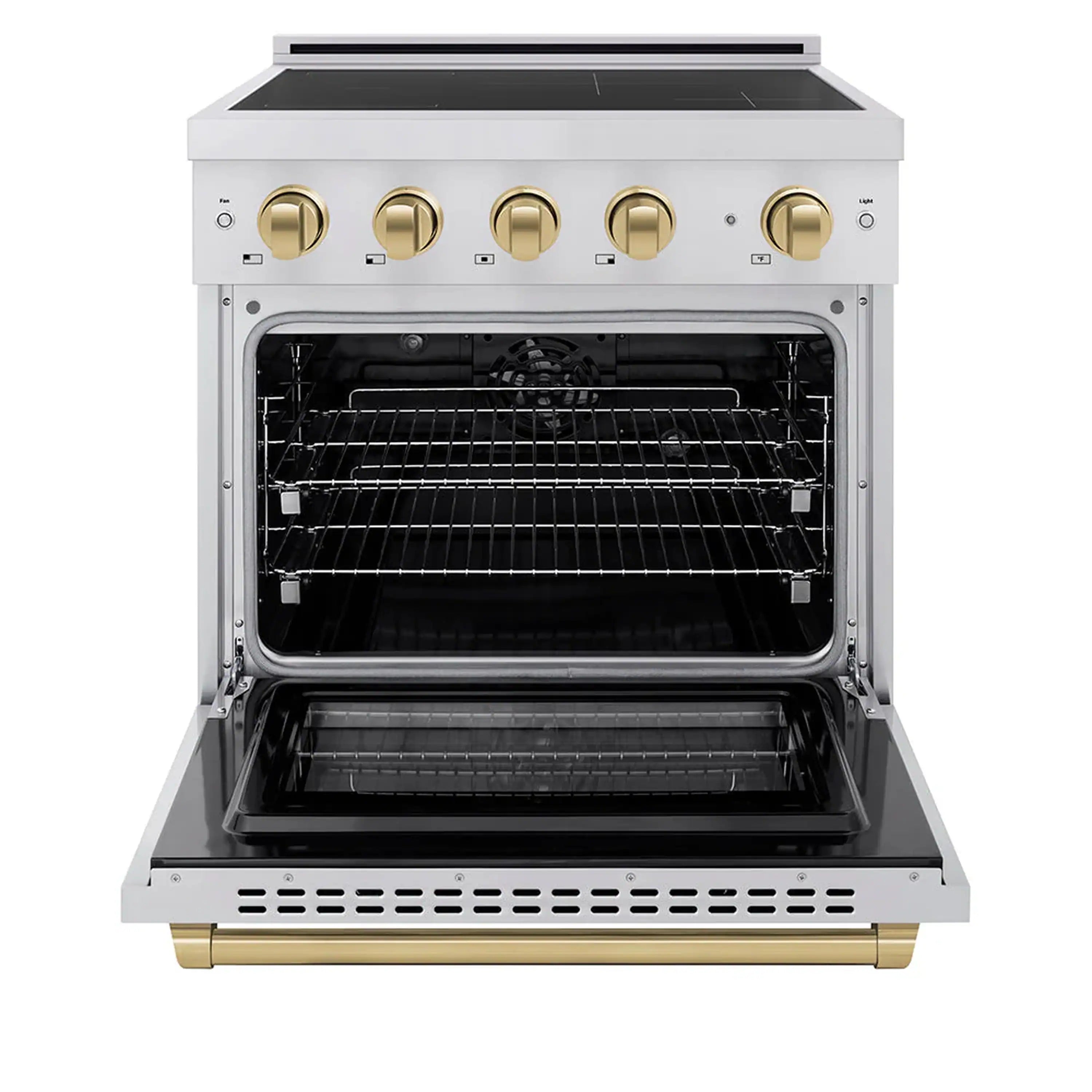 Induction range with open oven door and interior racks, bronze handle accents