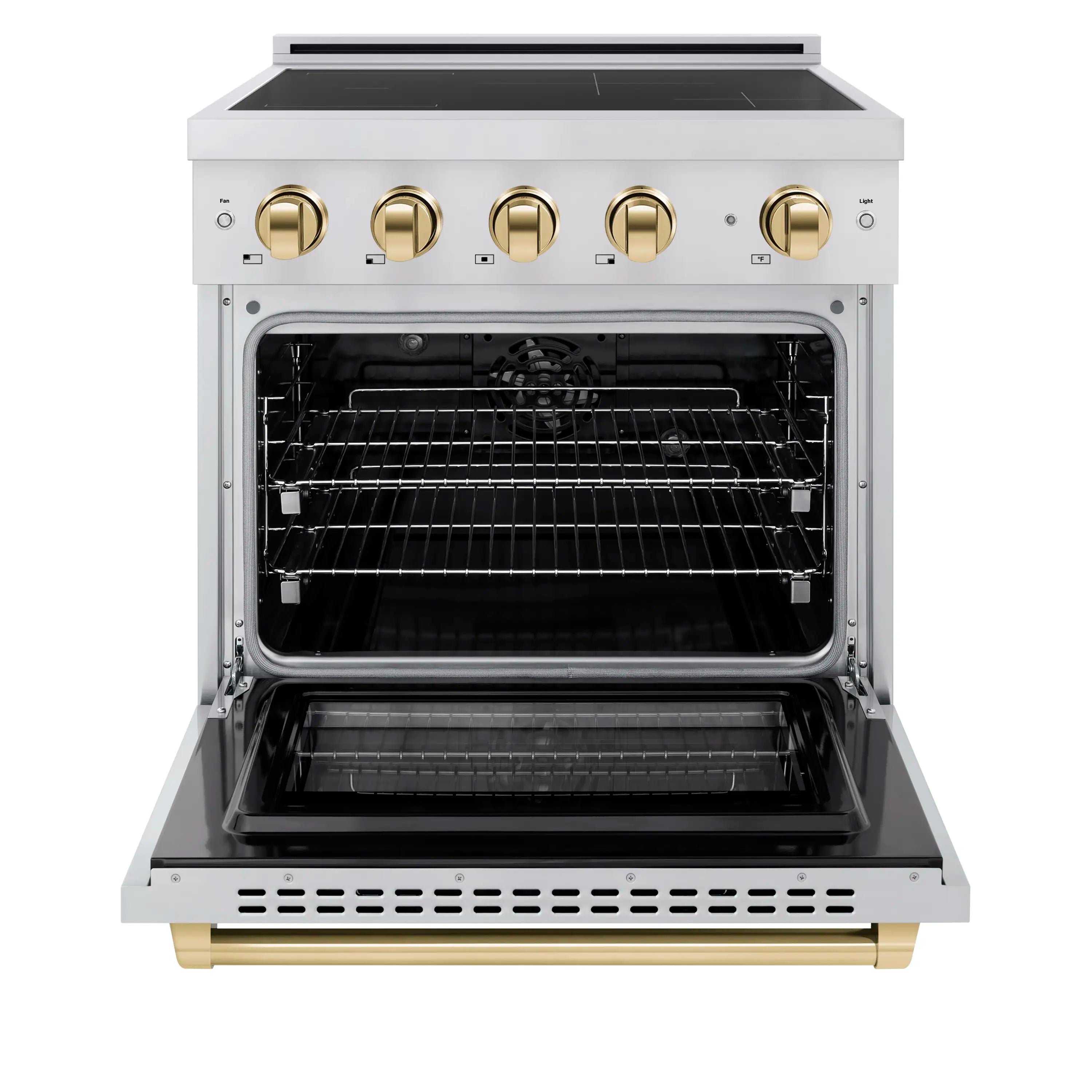 Stainless steel oven interior with wire rack and open range door
