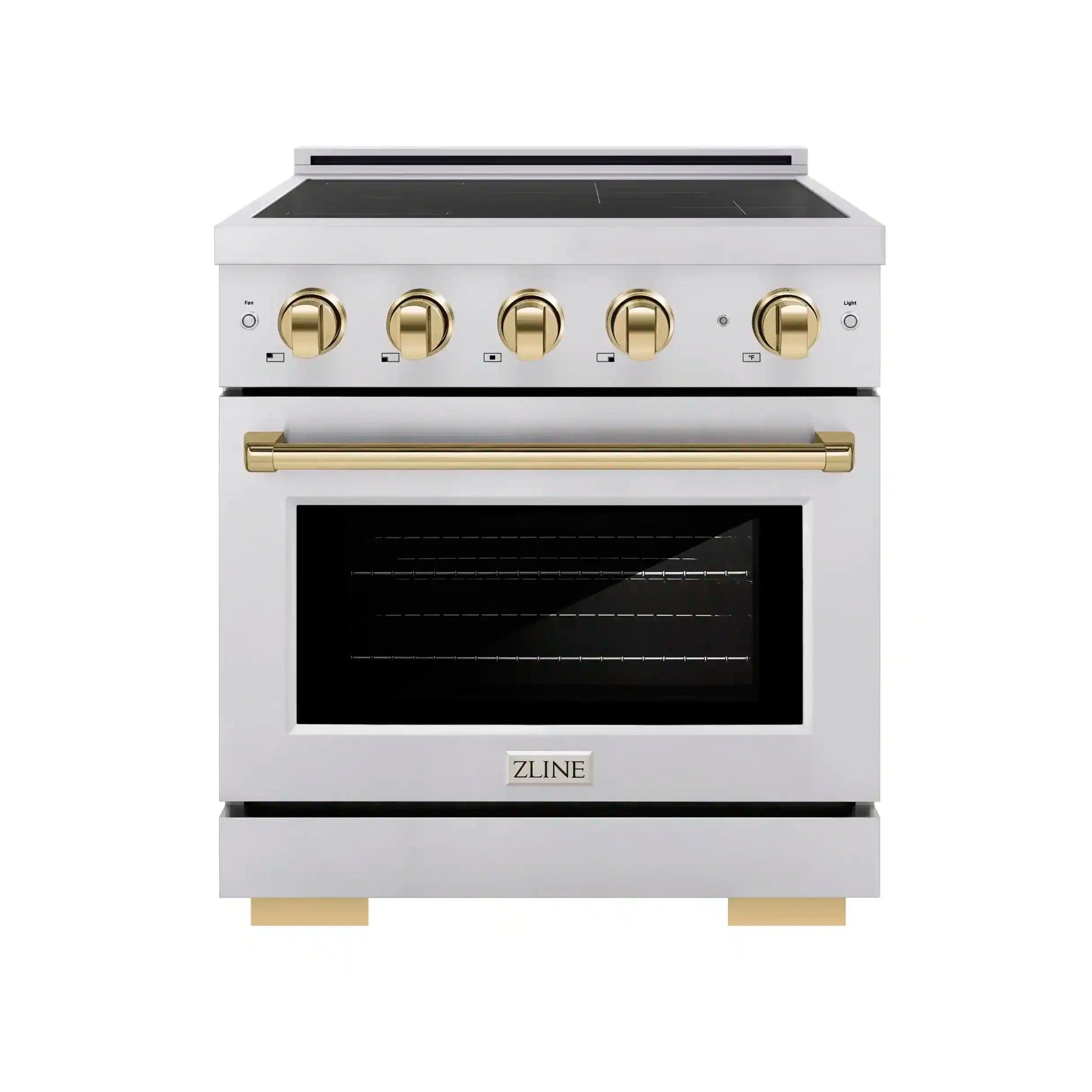 Stainless steel induction range with black oven window and polished gold handle and knobs