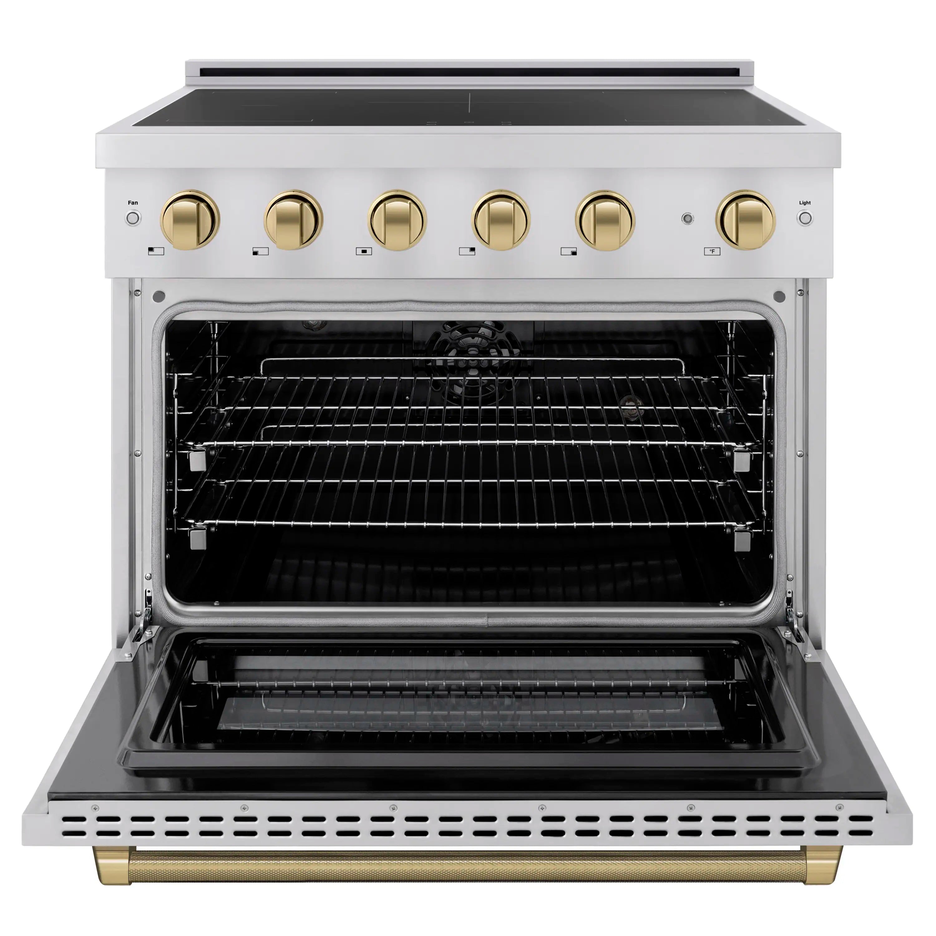 Stainless steel induction range with open electric convection oven and champagne bronze knobs