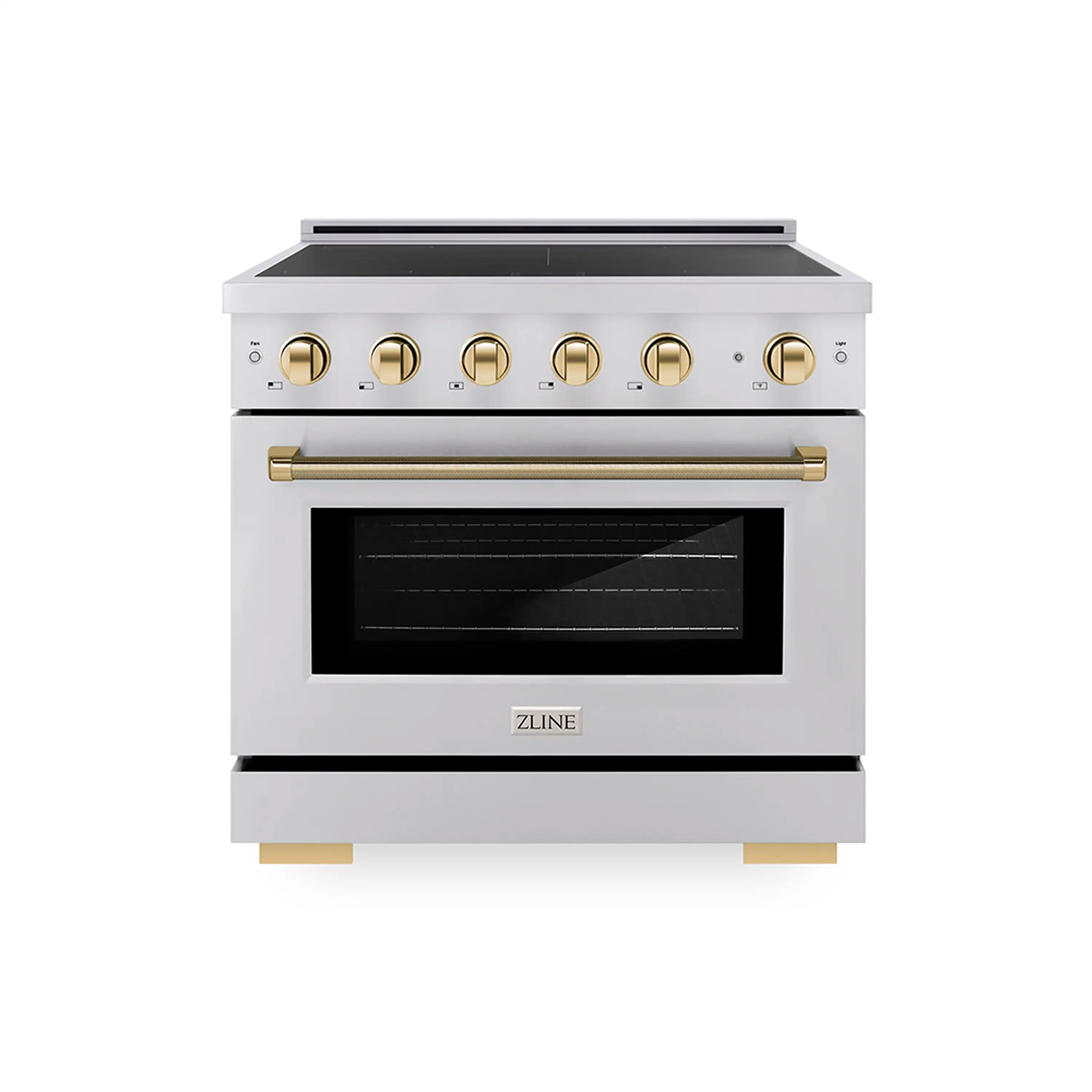 Stainless steel induction range with black oven window and gold knob control panel.