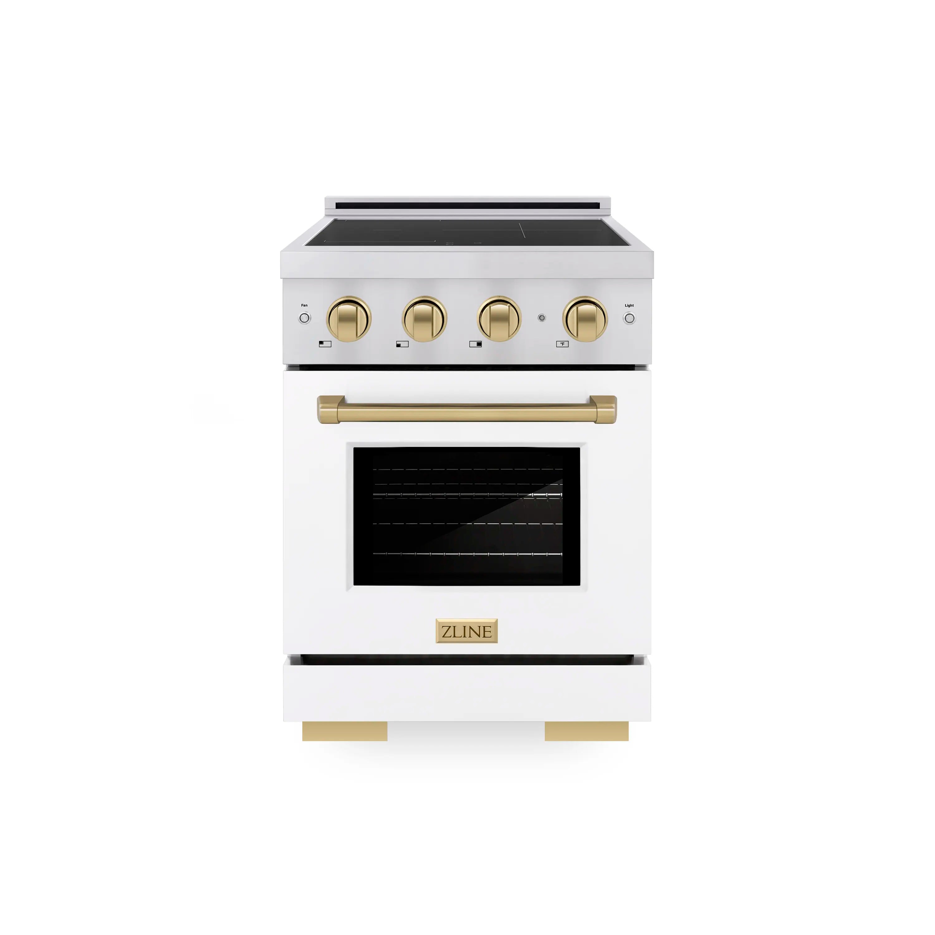 White induction range with black cooktop, gold control knobs, and closed oven door.