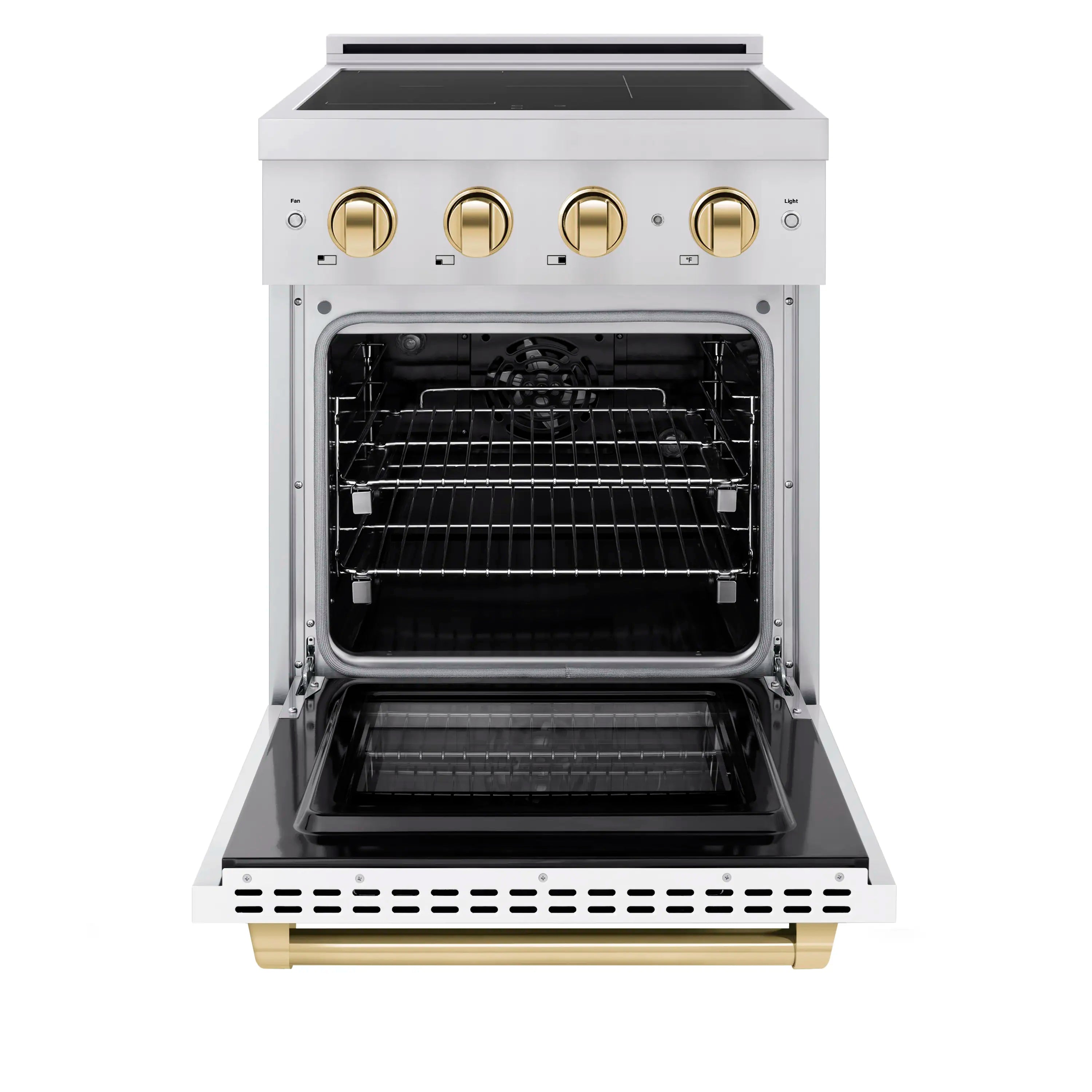 Induction range with open electric convection oven door, racks, and gold control knobs