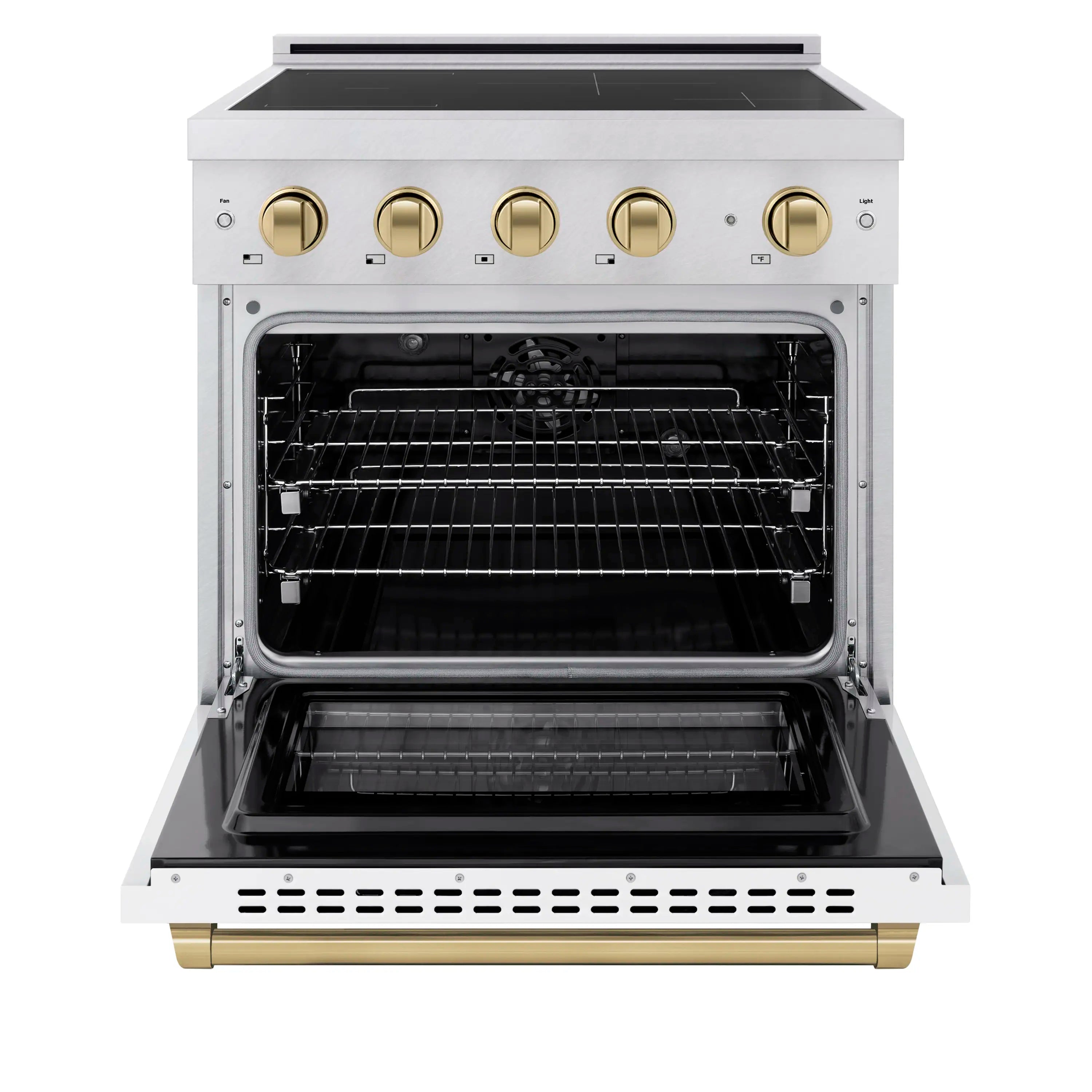 Induction range with open oven door, interior racks, and bronze control accents