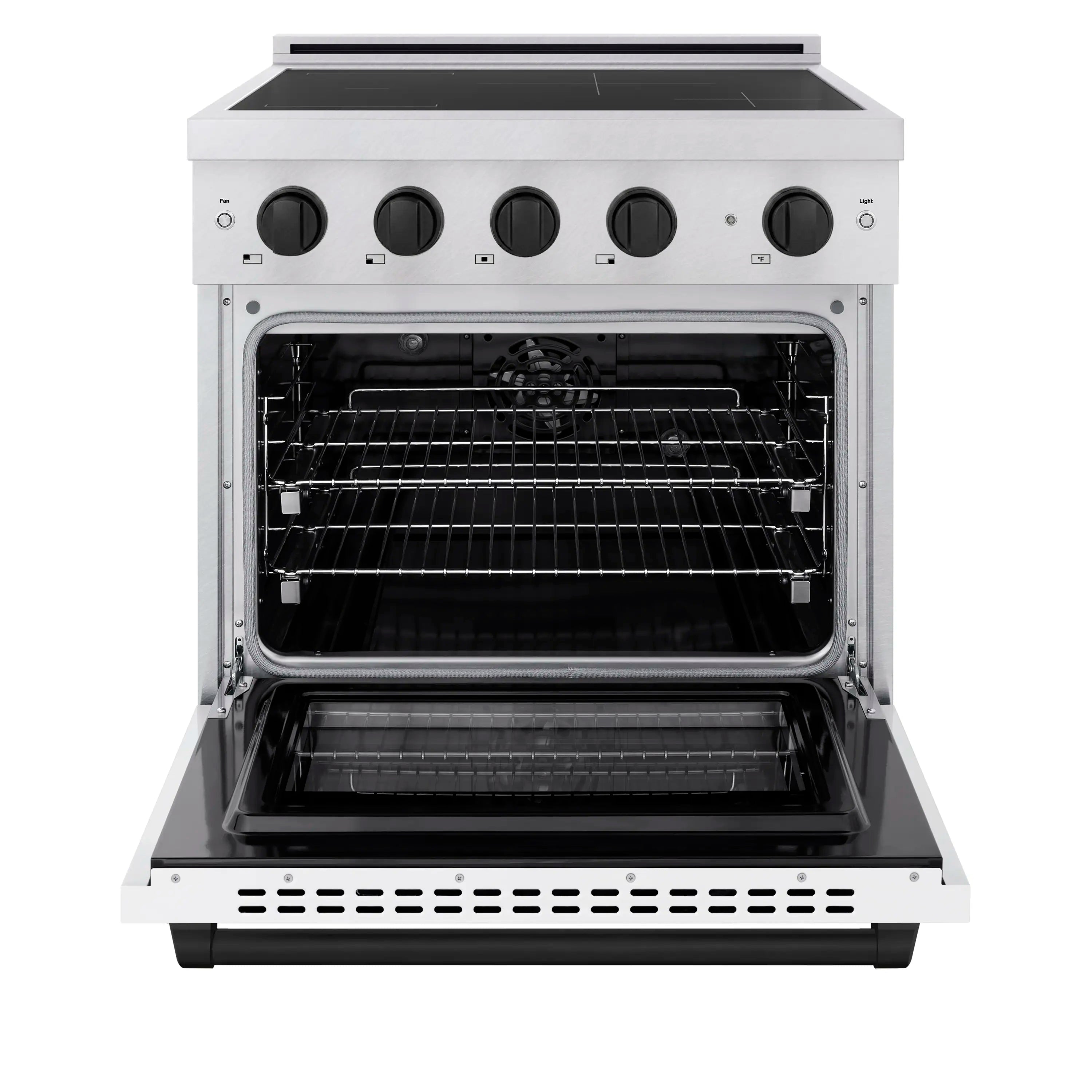 Open oven with empty wire rack shelves and visible heating element area