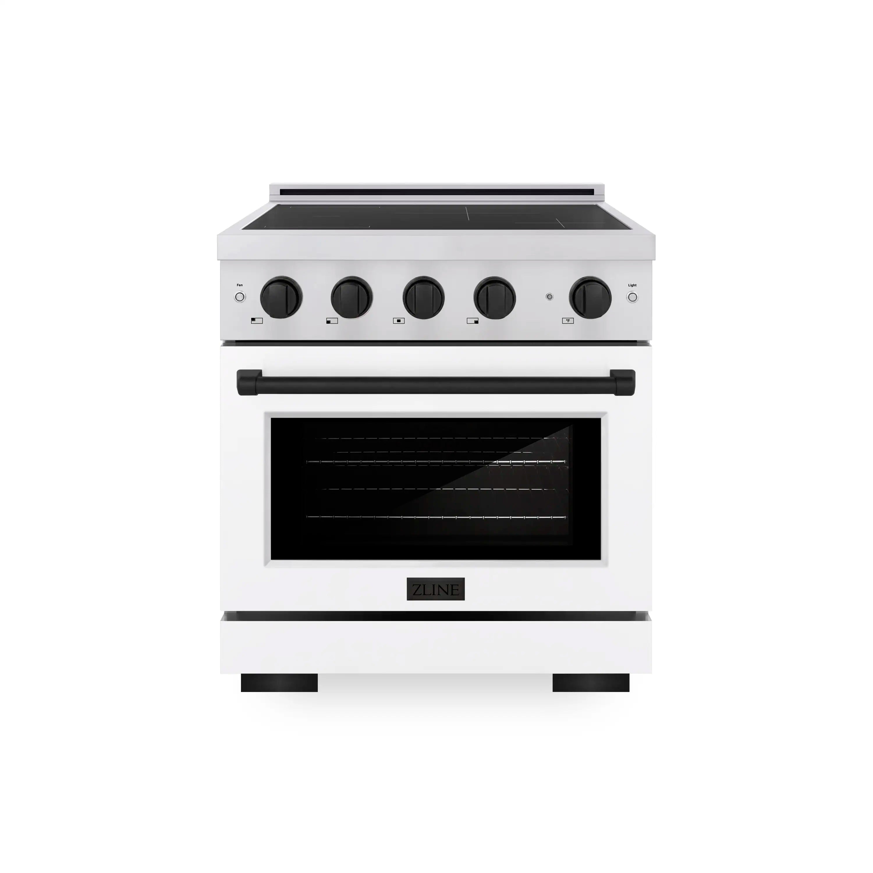 Front view of stainless induction range with black cooktop and oven door