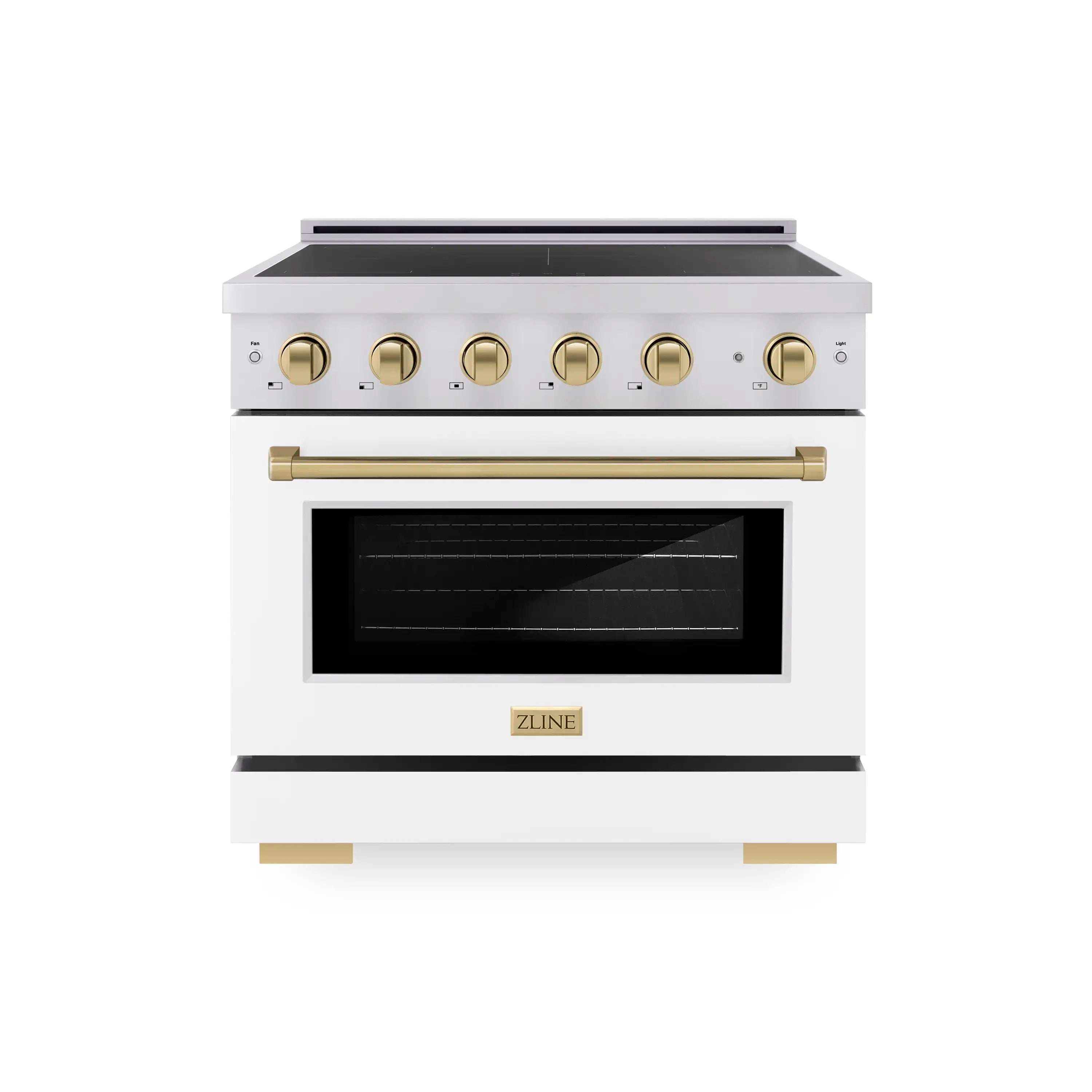 Stainless induction range with white matte oven door and champagne bronze knob controls