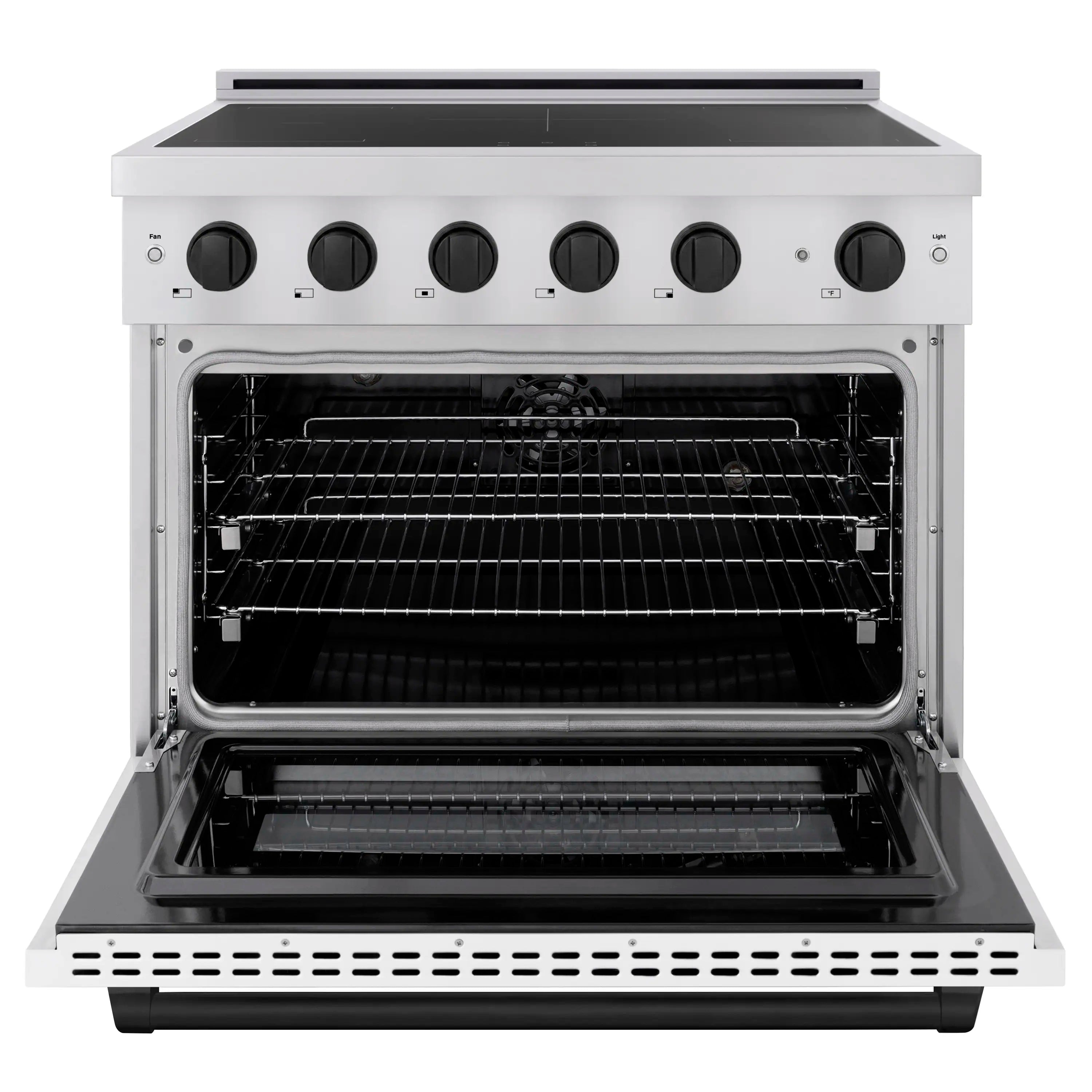 White door induction oven open view with oven racks and heating elements