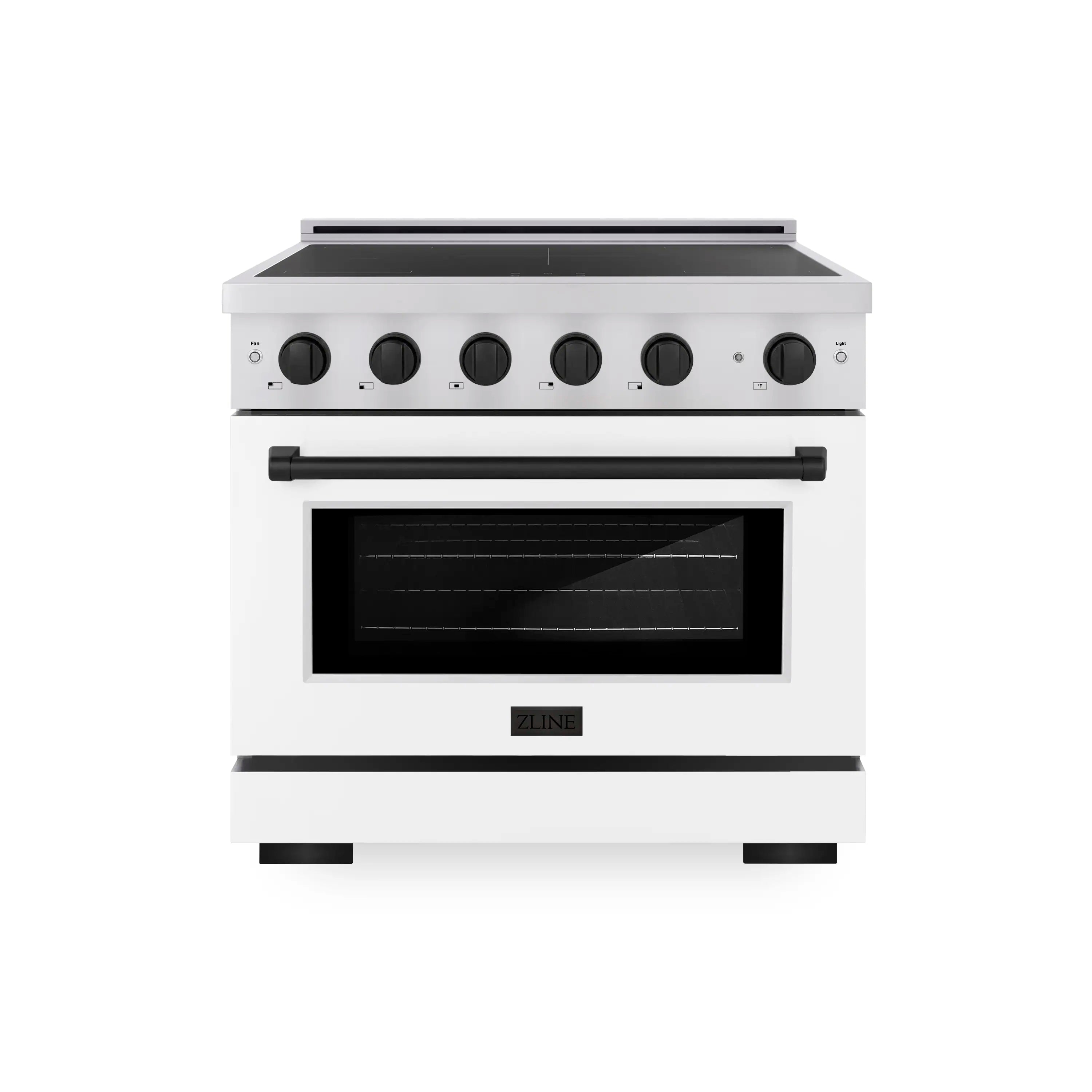 Freestanding stainless steel induction range with black glass oven door window
