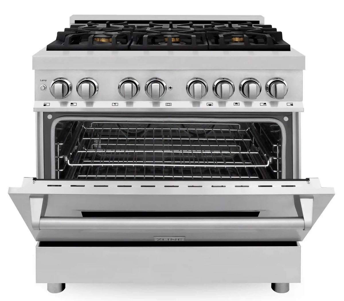 Stainless steel dual fuel range with open electric oven and wire rack