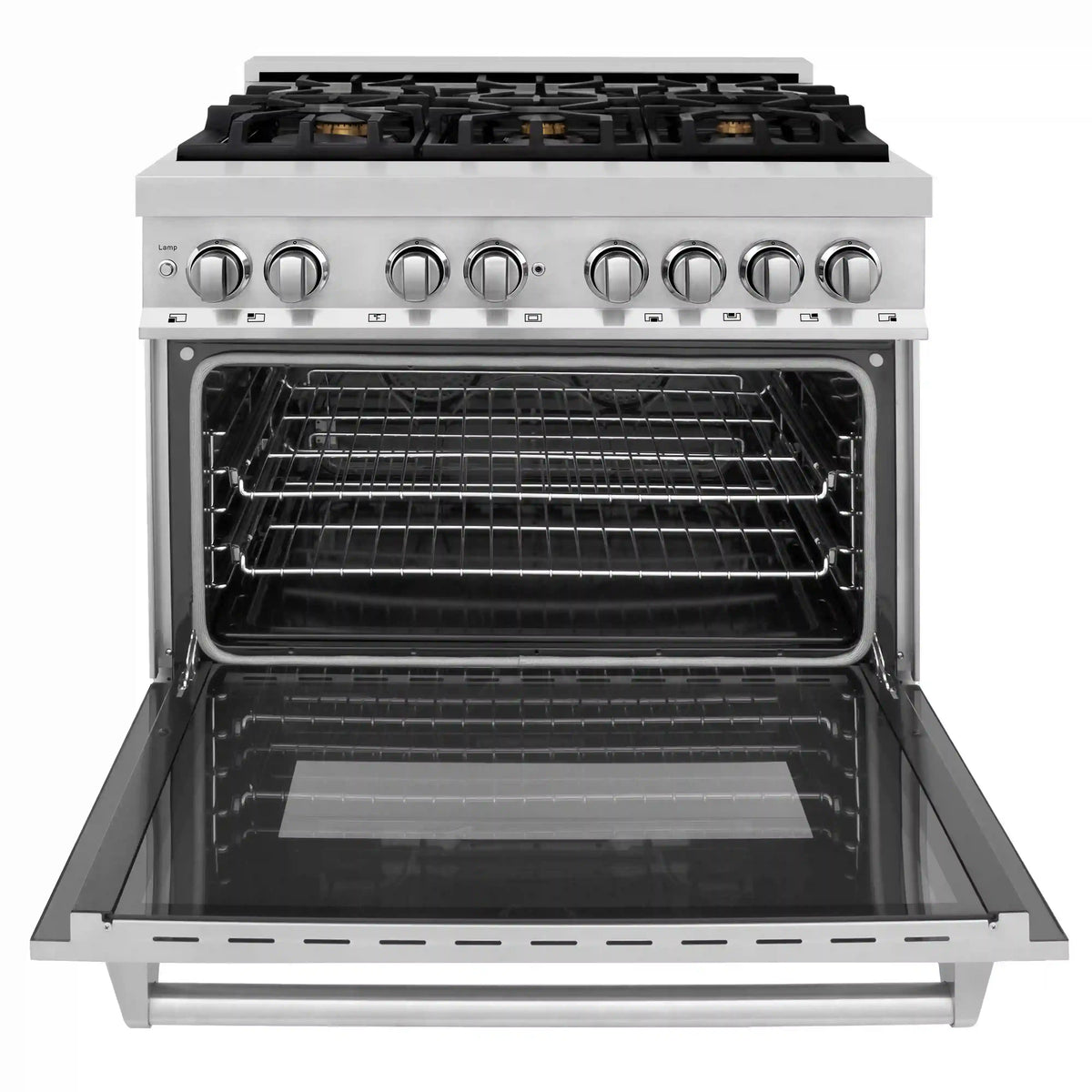 Stainless steel dual fuel range with open oven door and interior racks