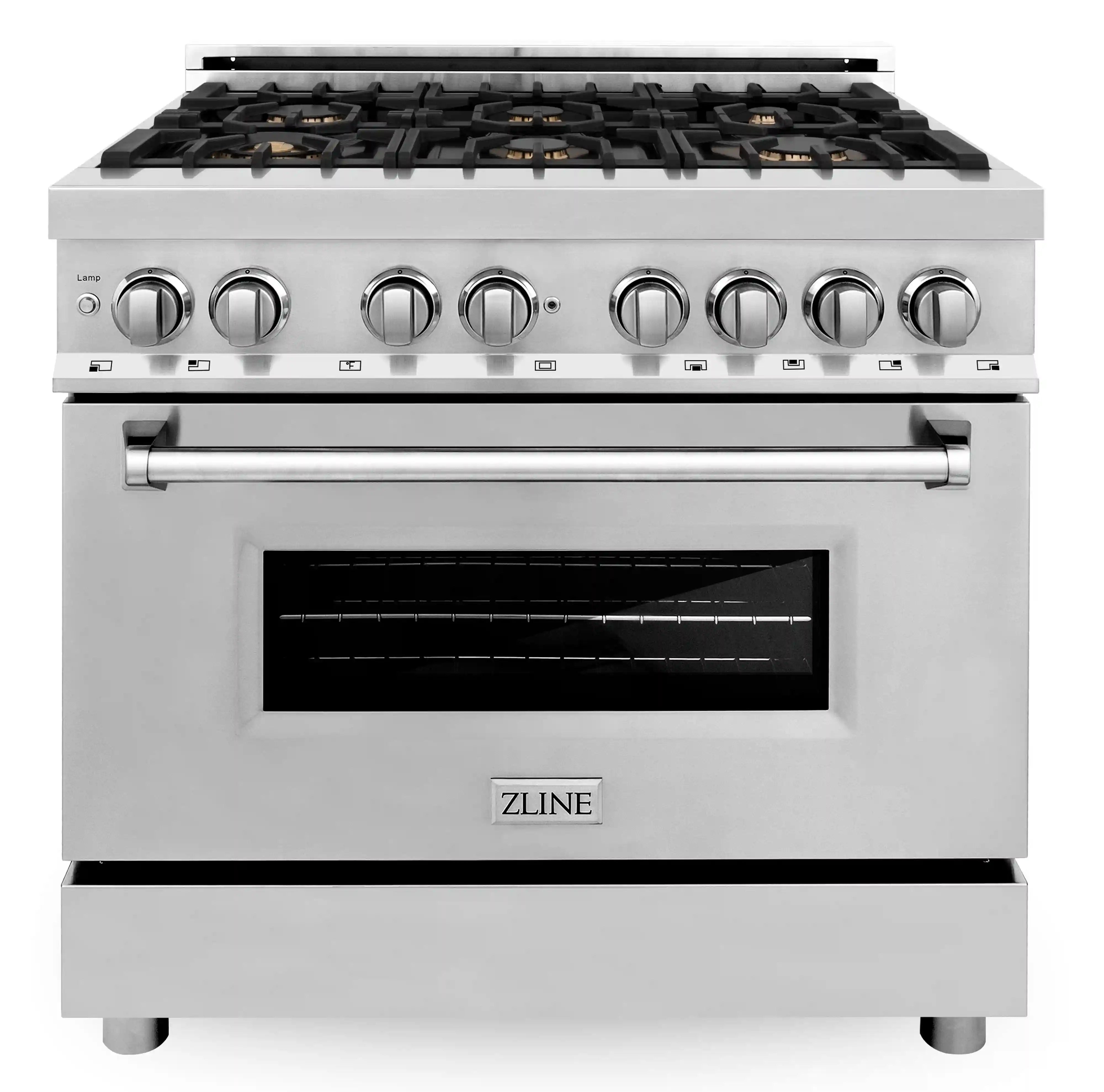 Stainless steel dual fuel range front view with six gas burners and control knobs