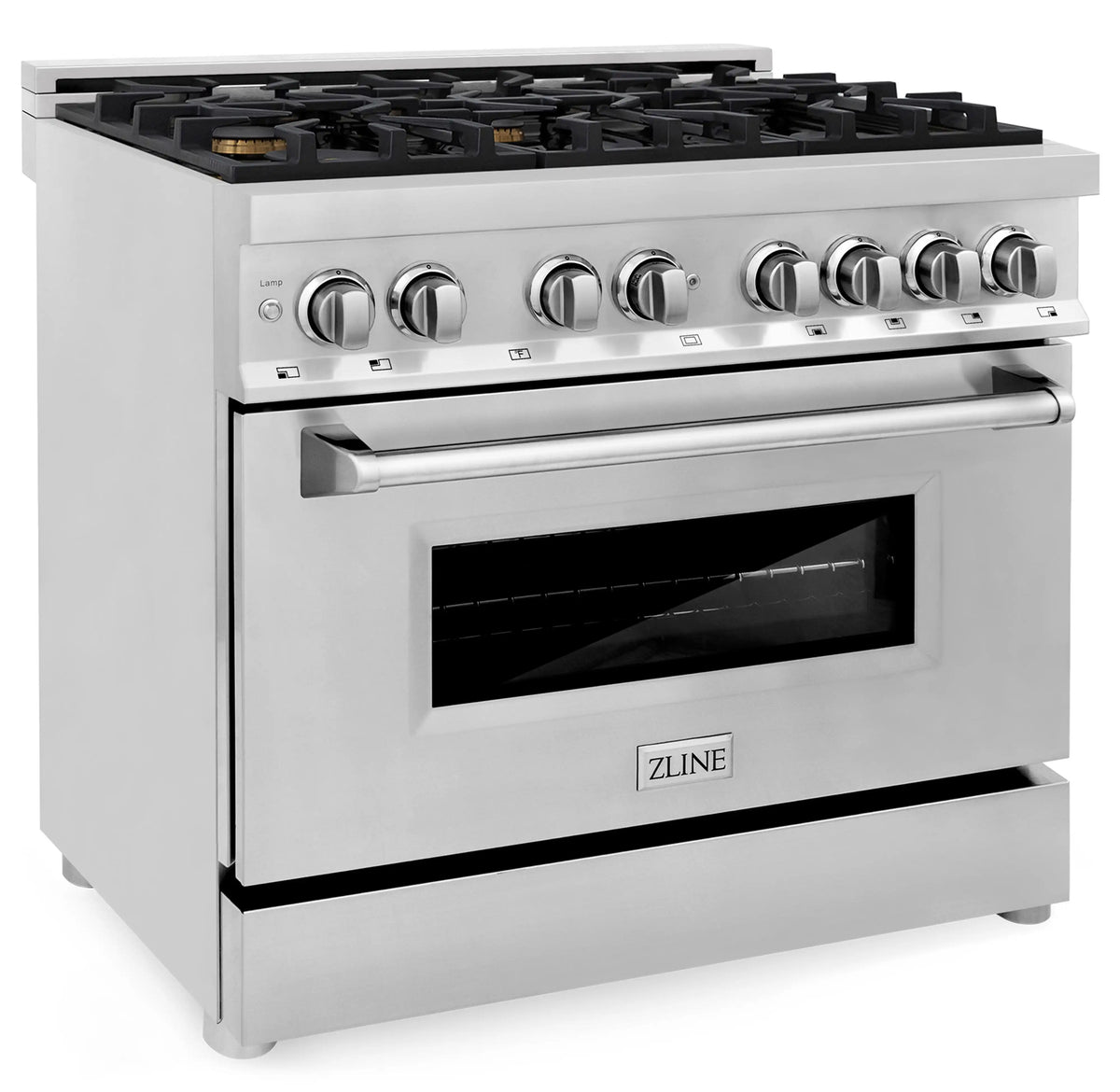 Stainless steel dual fuel range with black oven window and control knobs