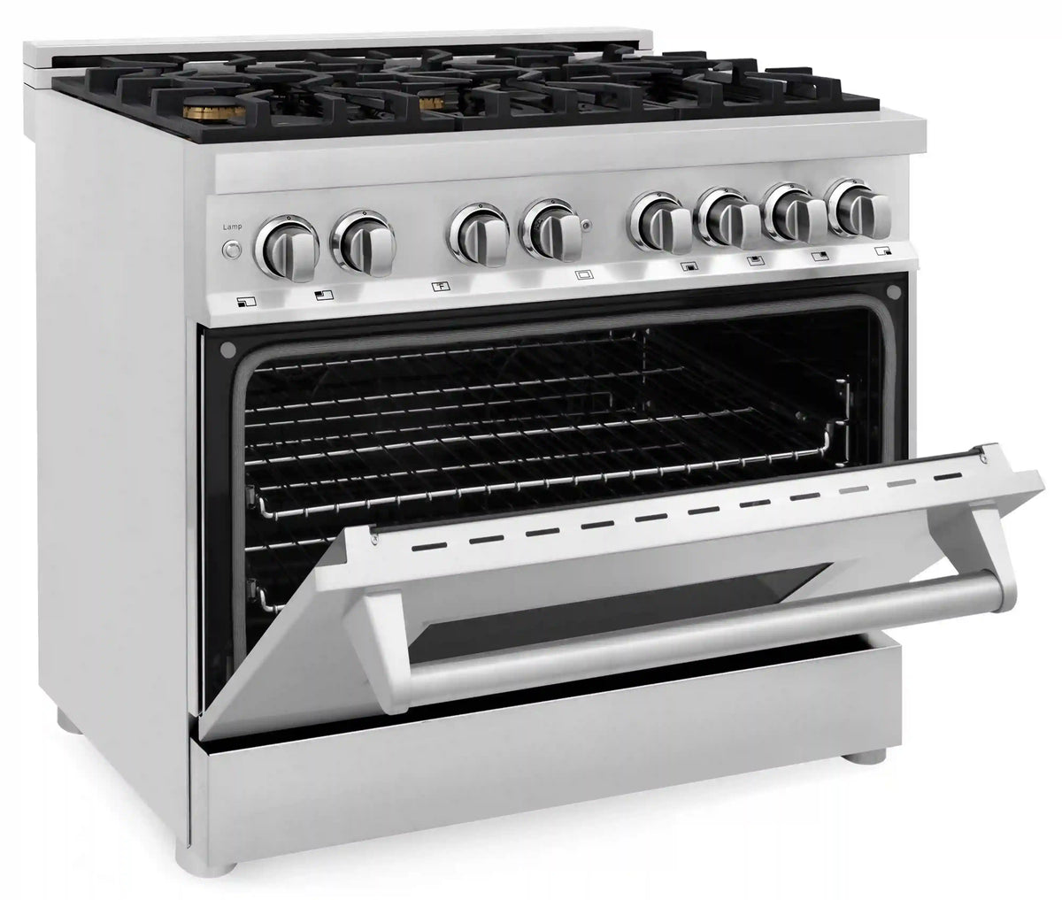 Stainless steel dual fuel range with open oven door and broiler area