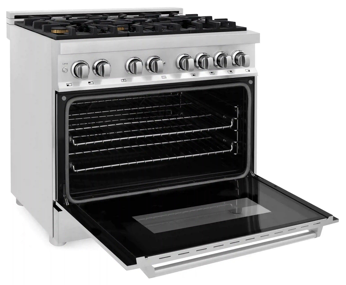 Stainless steel dual fuel range with open oven cavity and lower heating element