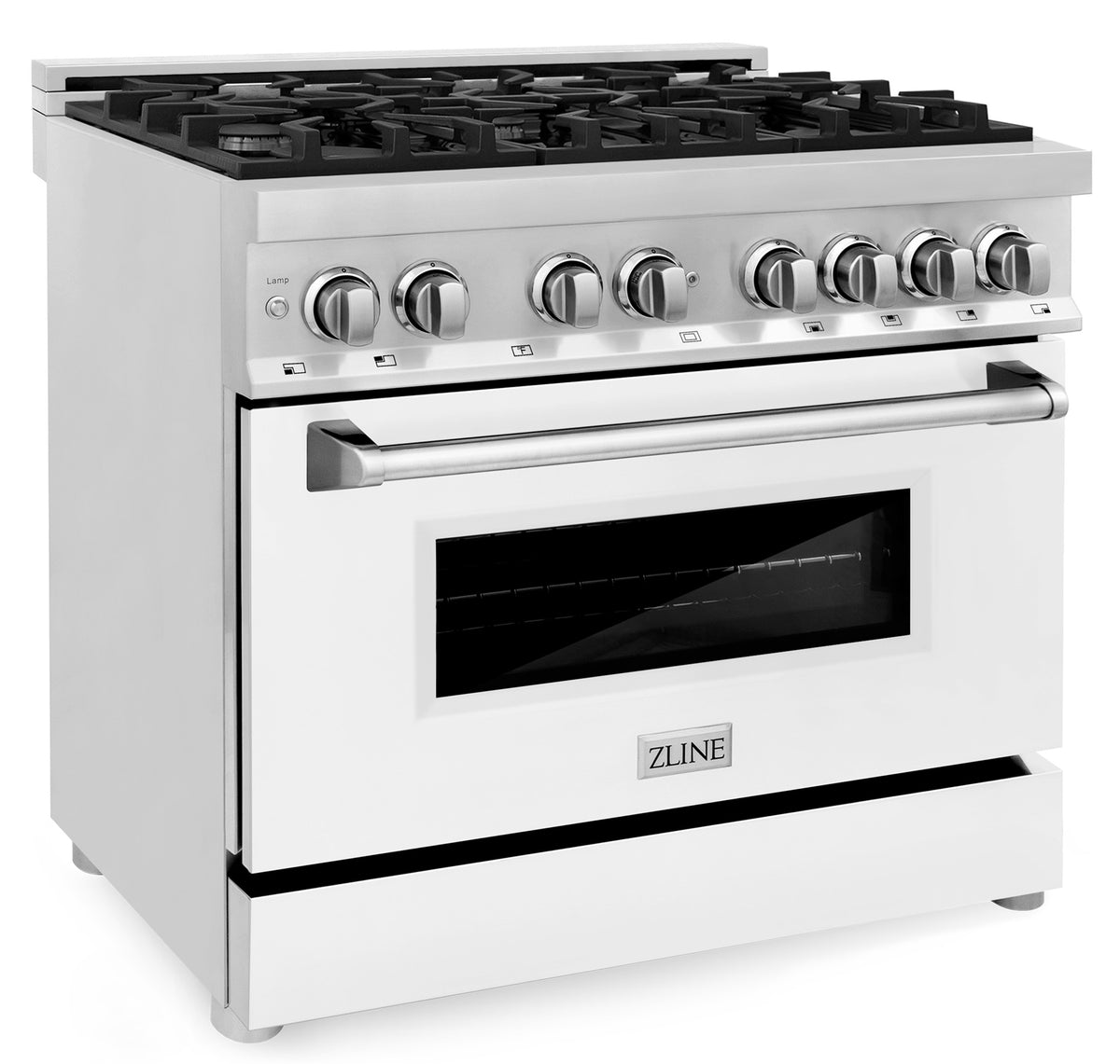 White dual fuel range with stainless control knobs and glass oven door