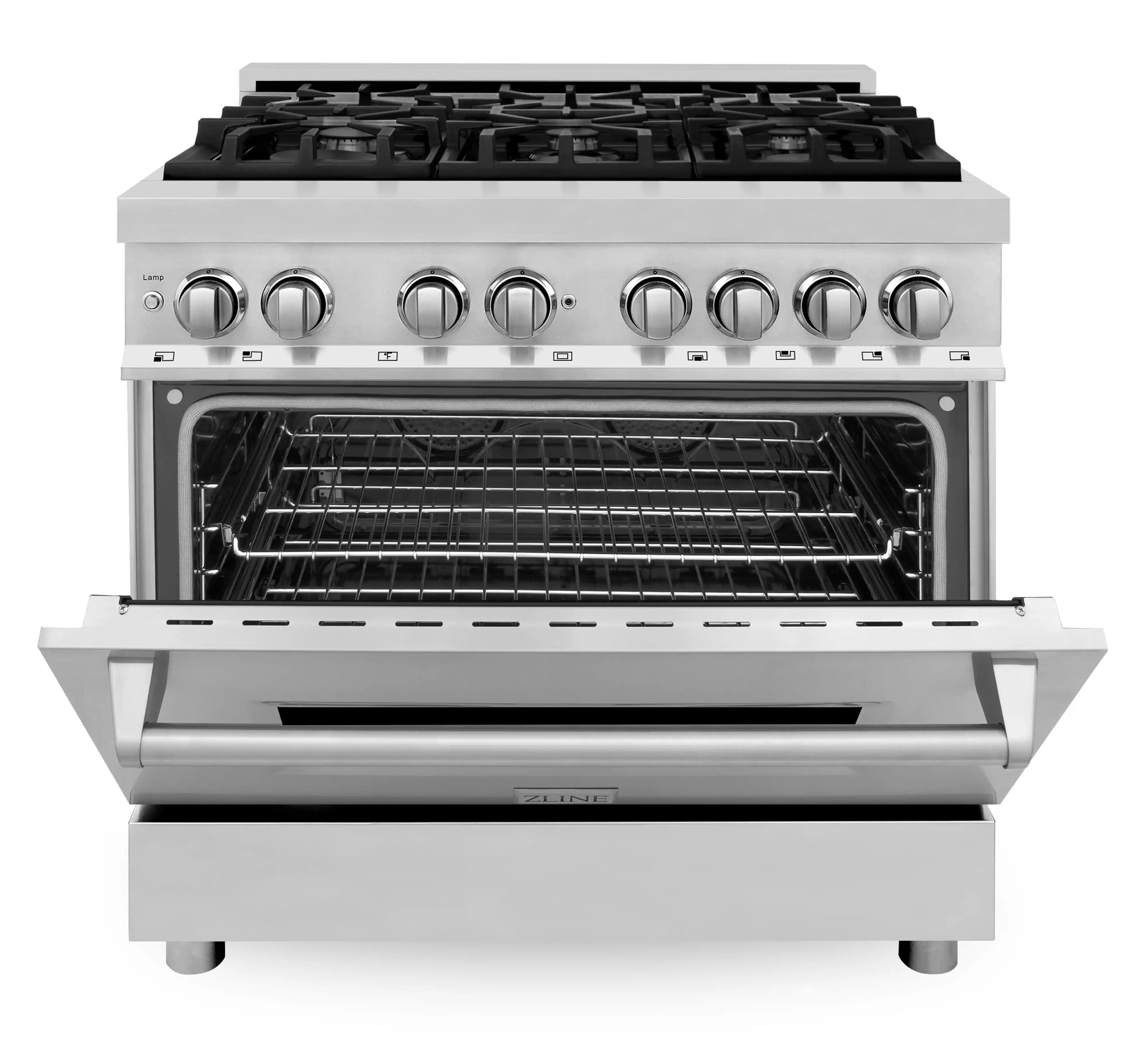ZLINE stainless dual-fuel range with open oven door and wire rack