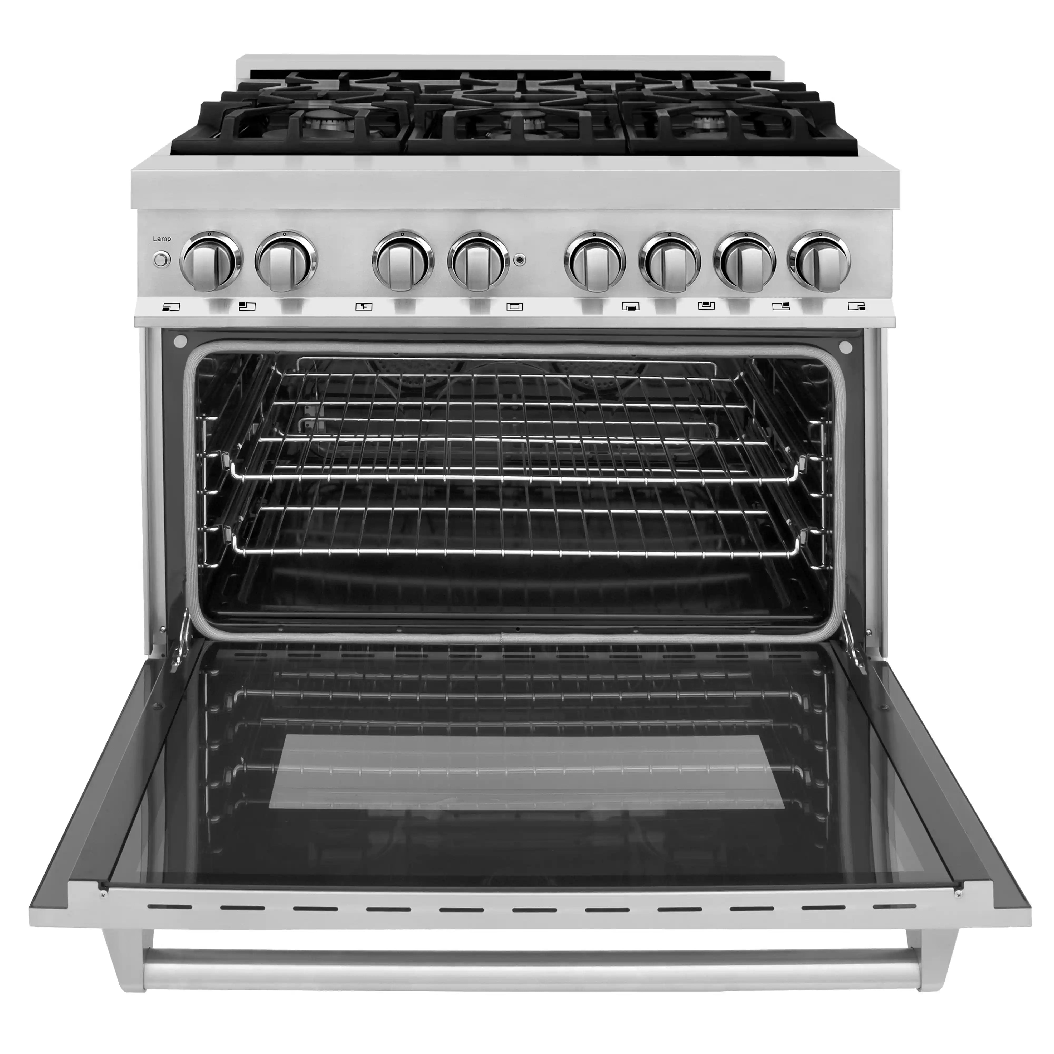Stainless steel dual fuel range oven interior with wire racks and black cavity