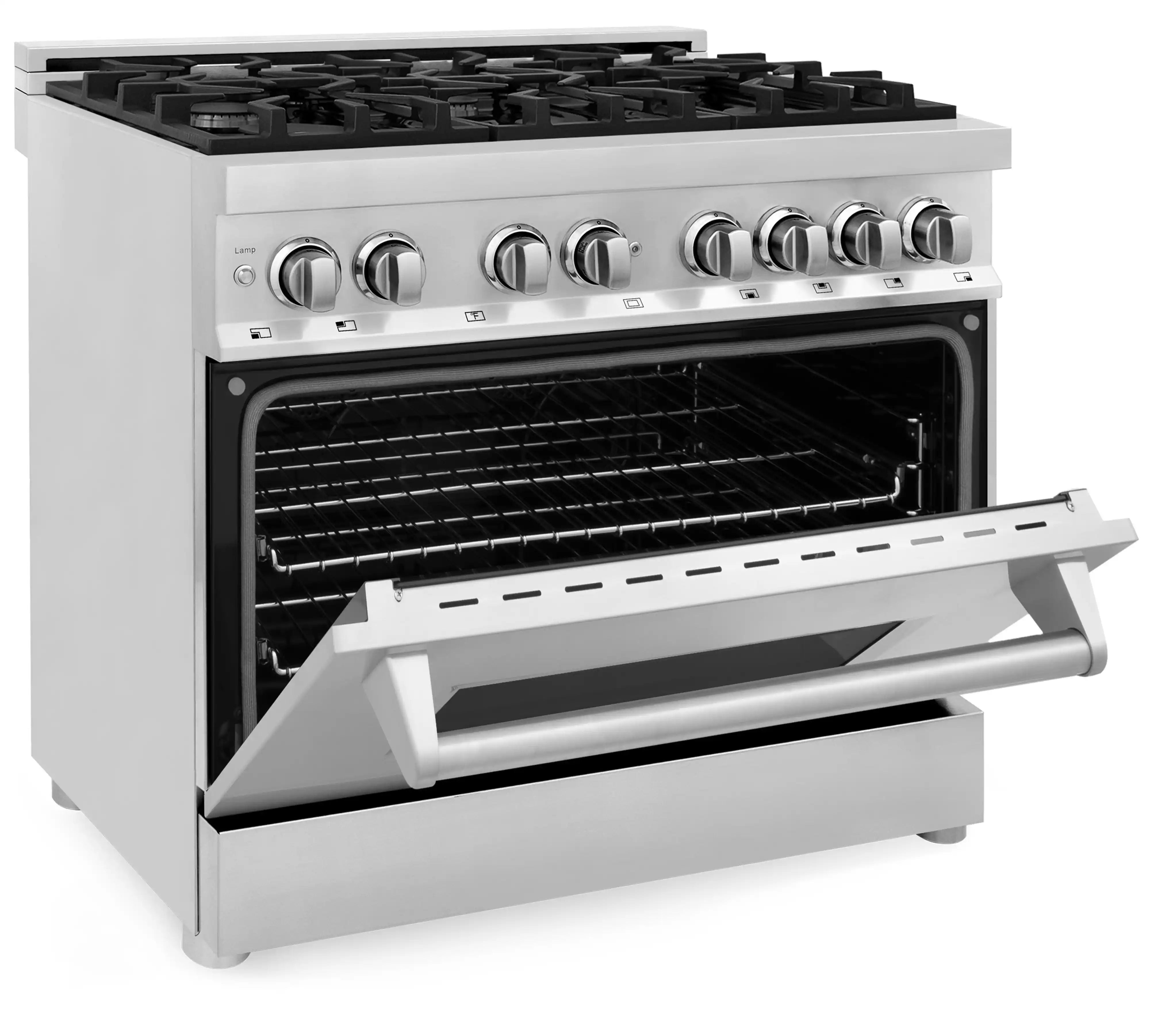 ZLINE stainless dual-fuel range with open oven door and pull-out rack