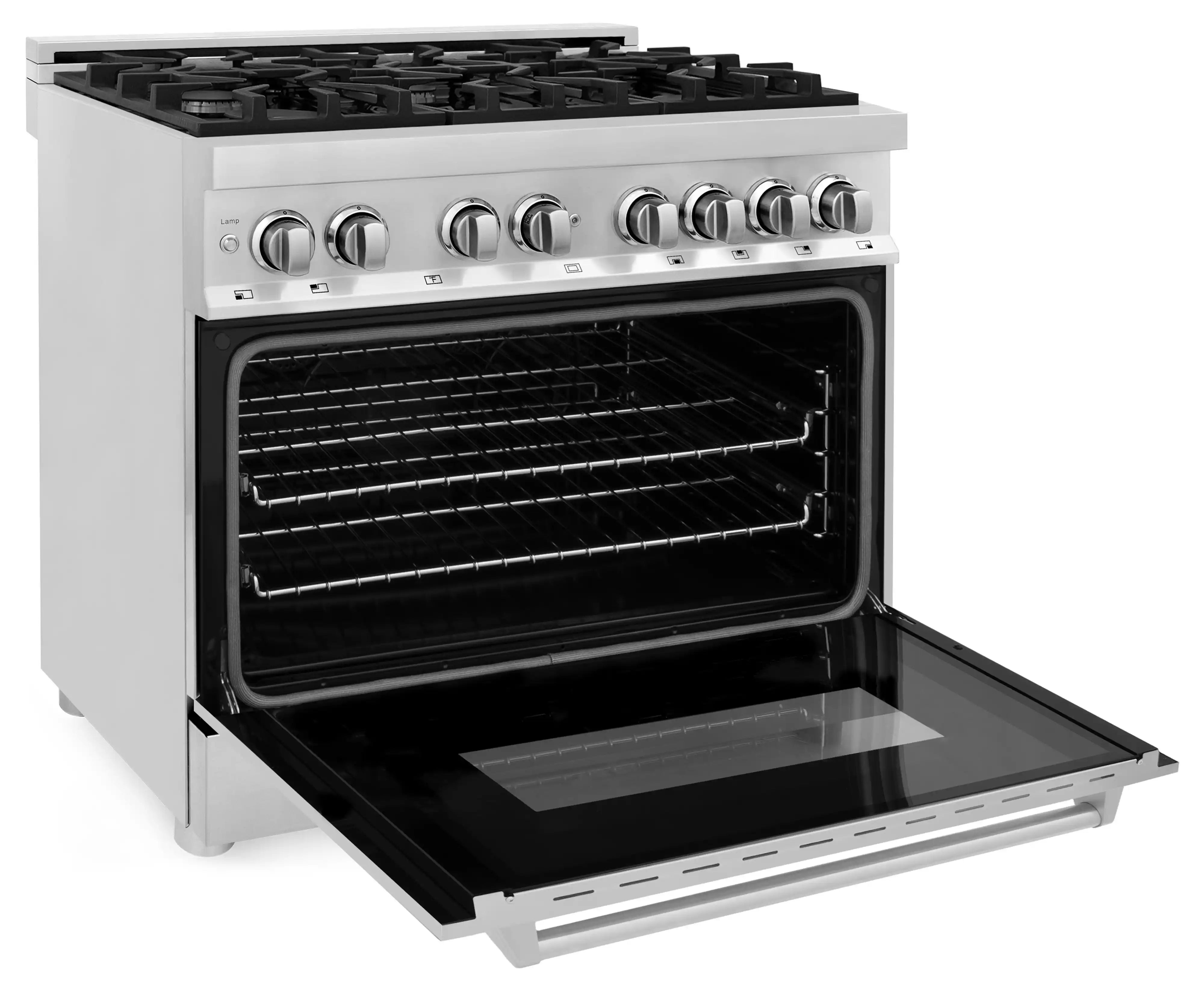 Stainless dual-fuel range with open oven door and extended lower heating rack