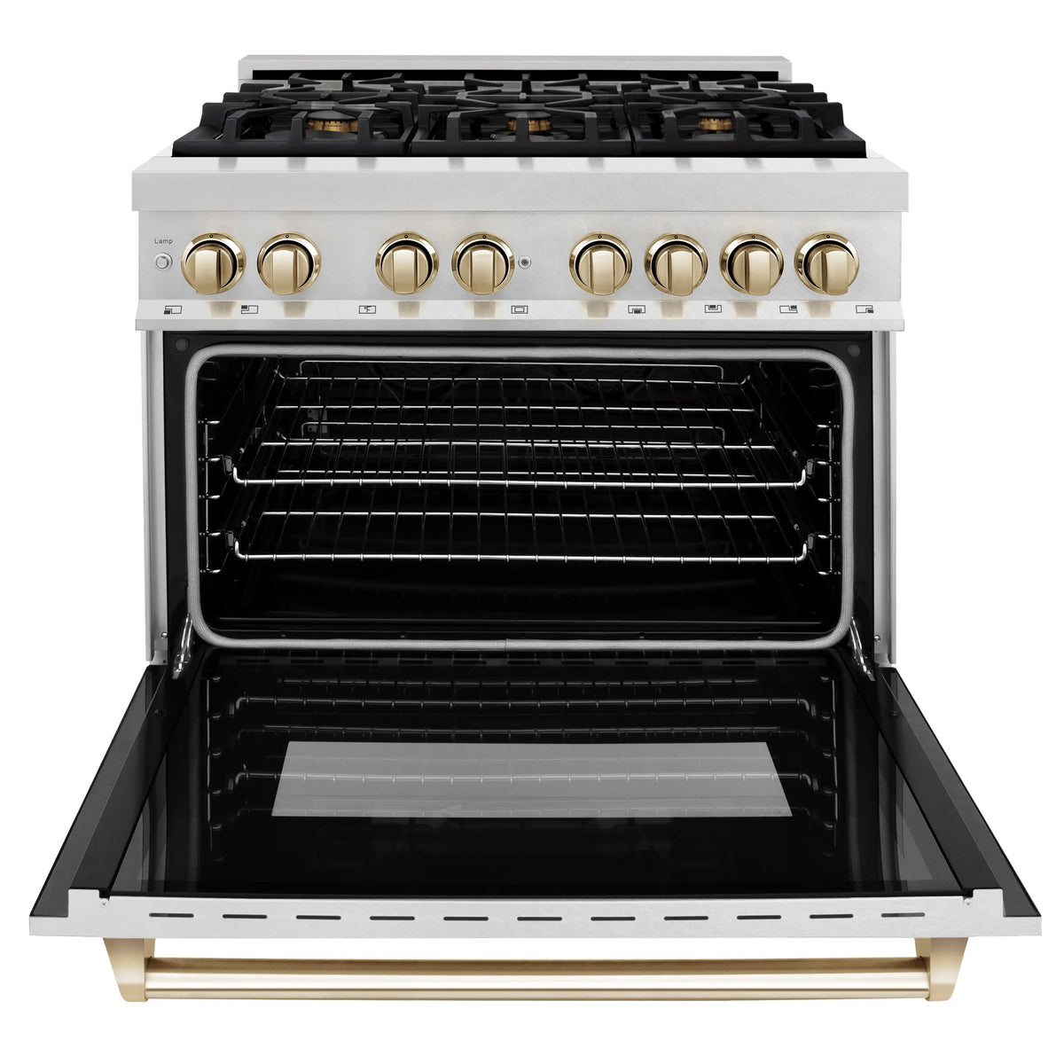 Dual fuel range with black oven interior, gold control knobs, and open oven door