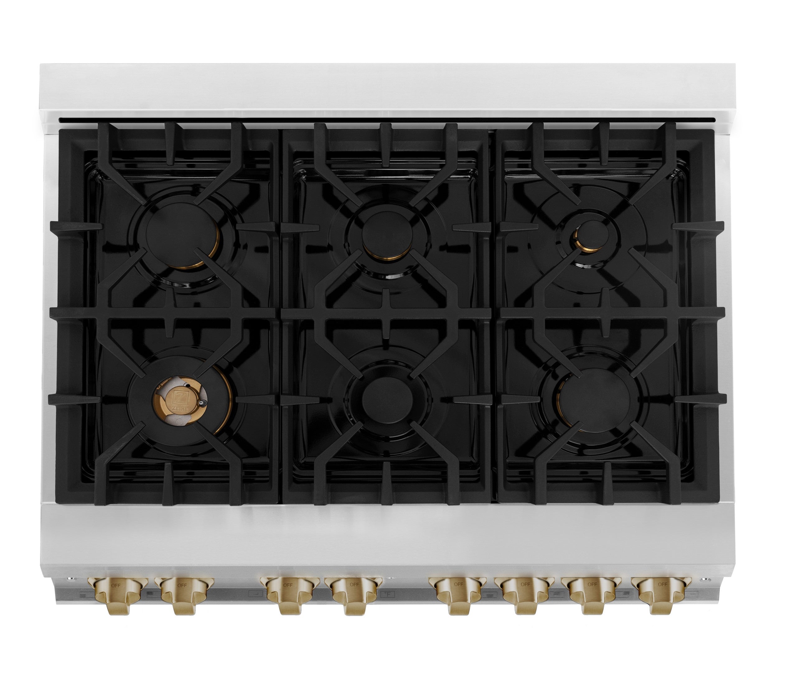Dual fuel range cooktop with black burner grates and champagne bronze burner cap