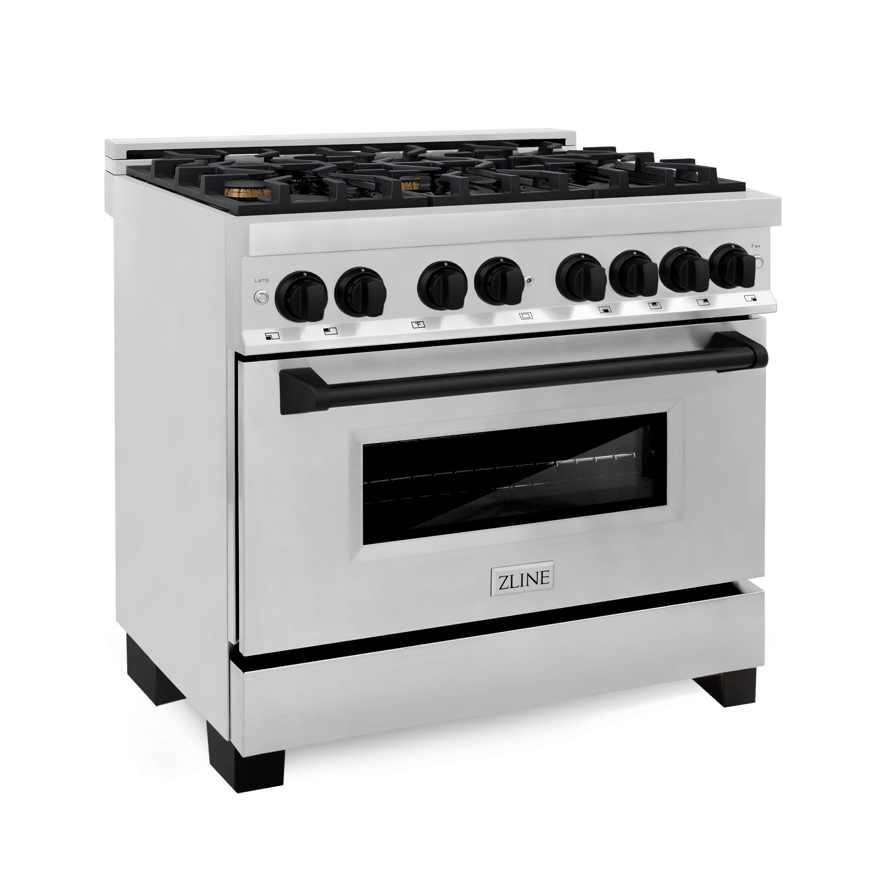 Stainless steel dual fuel range with black burner grates and control panel
