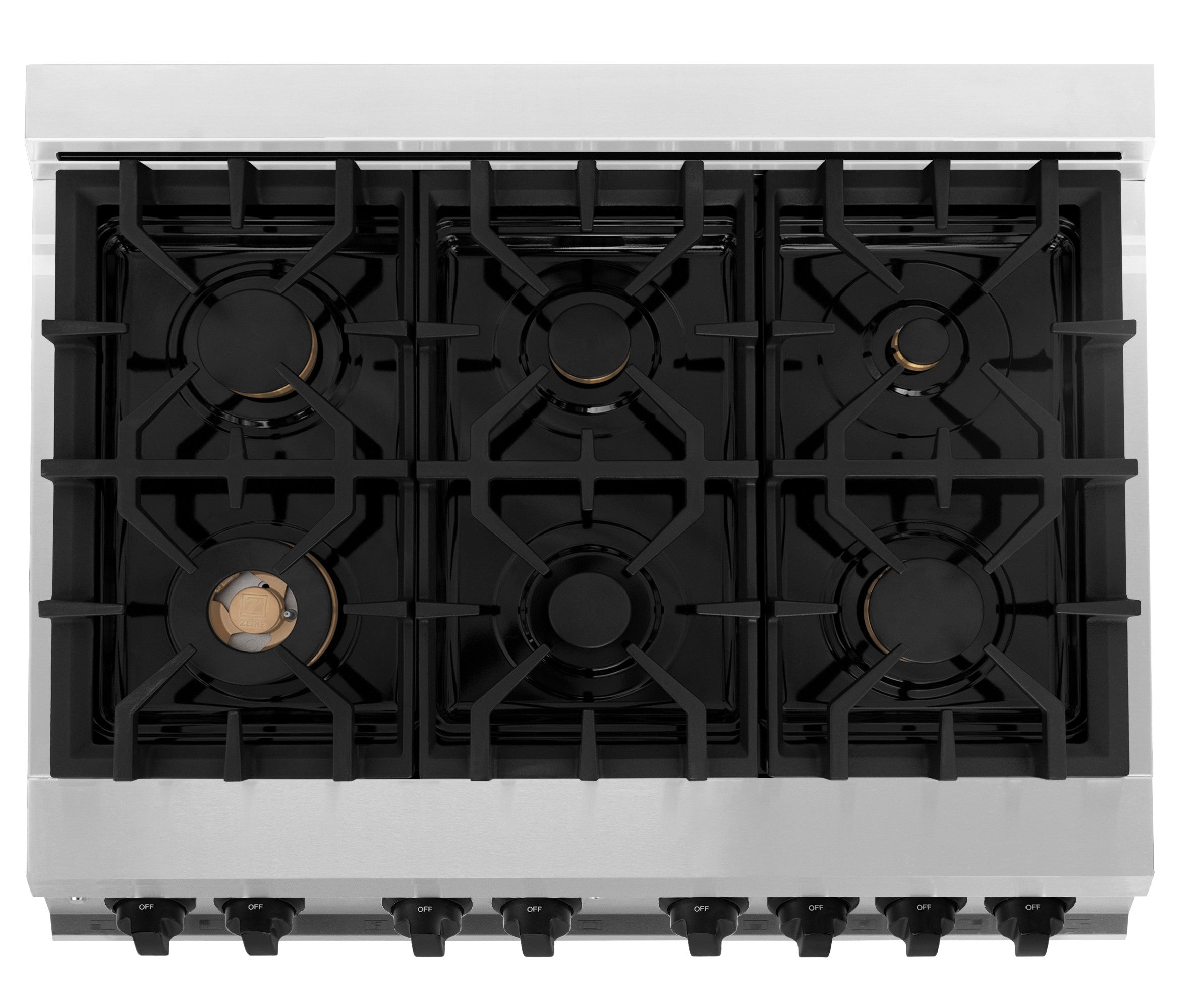 Stainless steel cooktop with six black gas burner grates