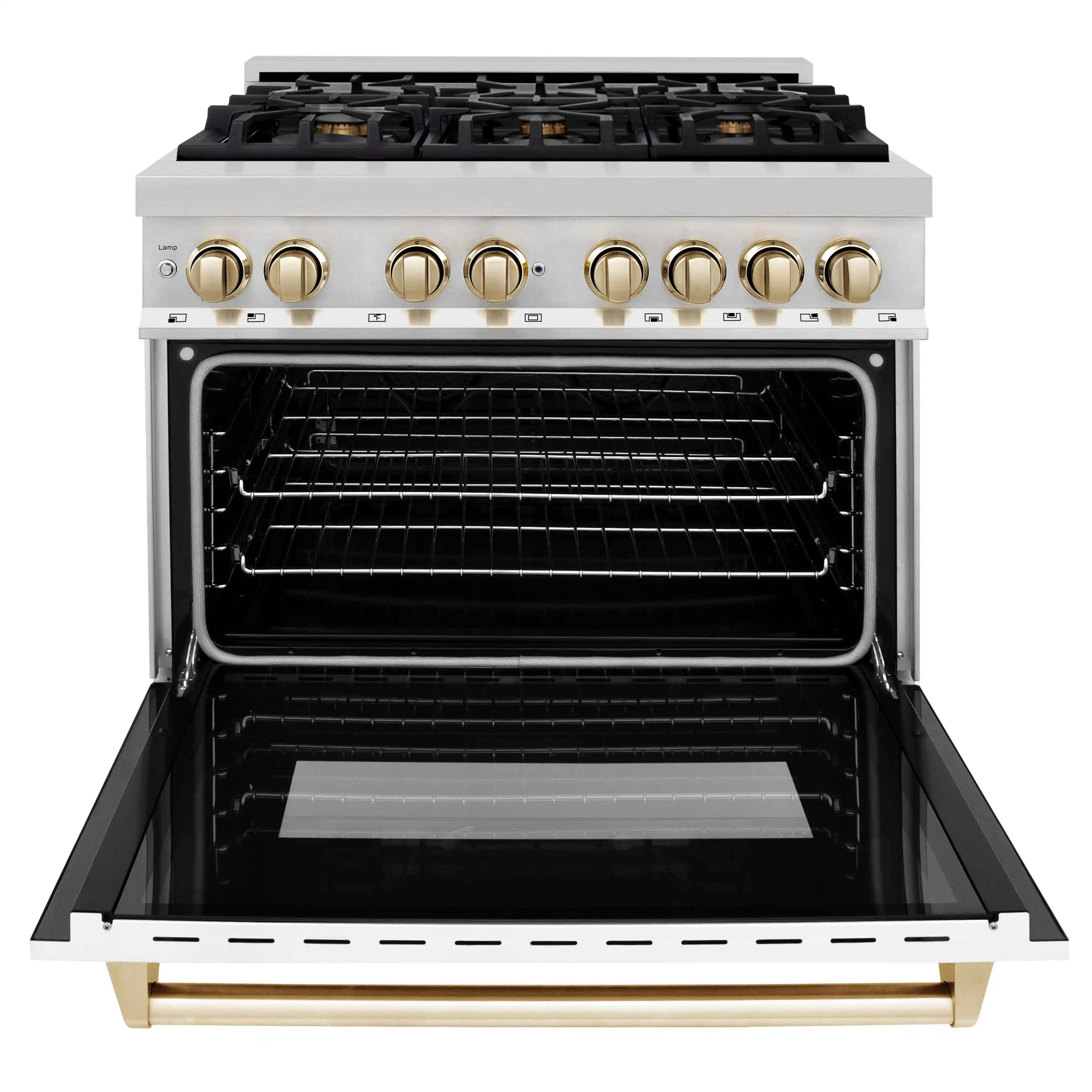 Stainless dual fuel range with open electric oven door and black racks, gold handle