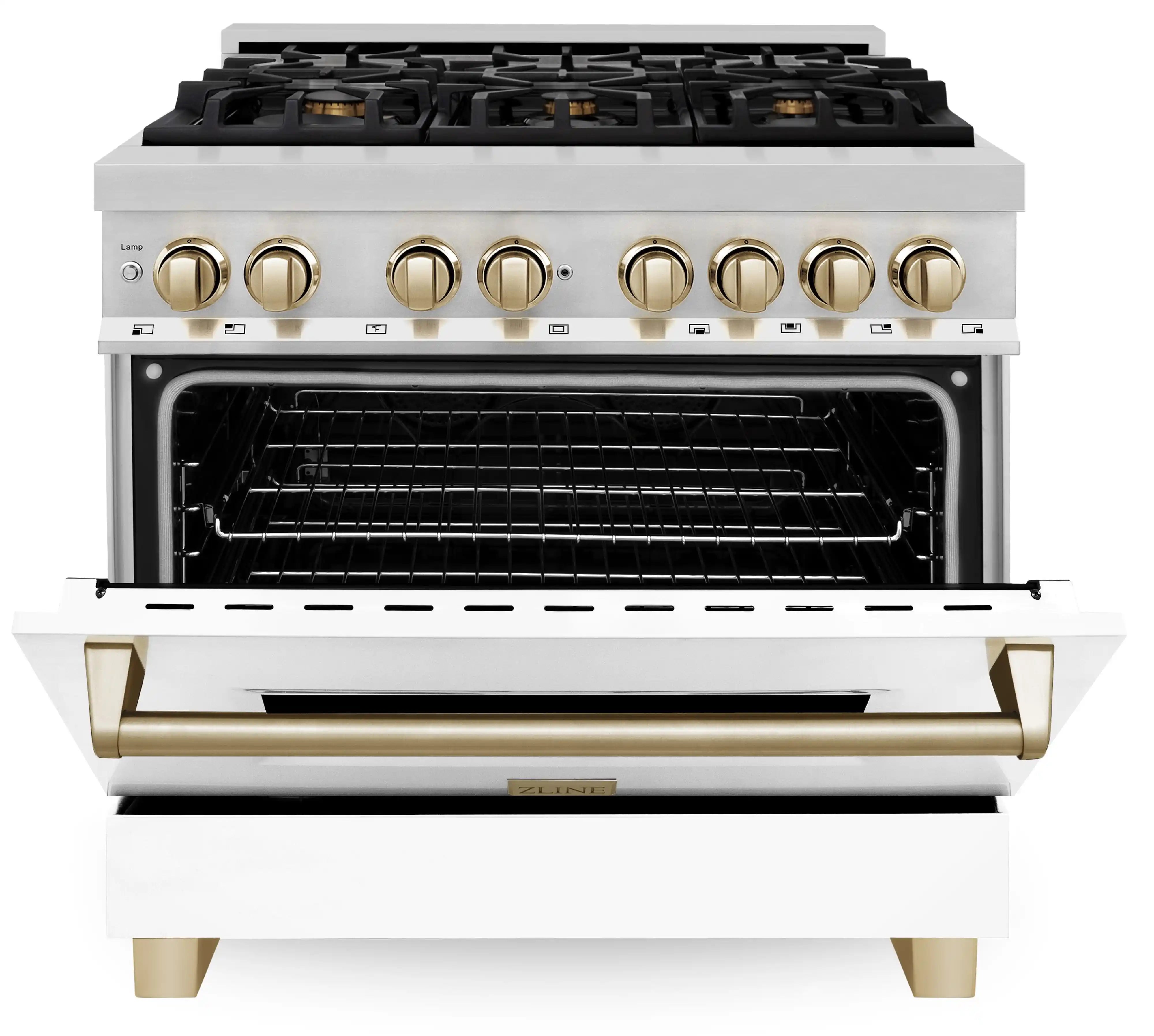Stainless range front with black cooktop, gold knob accents, and open oven door