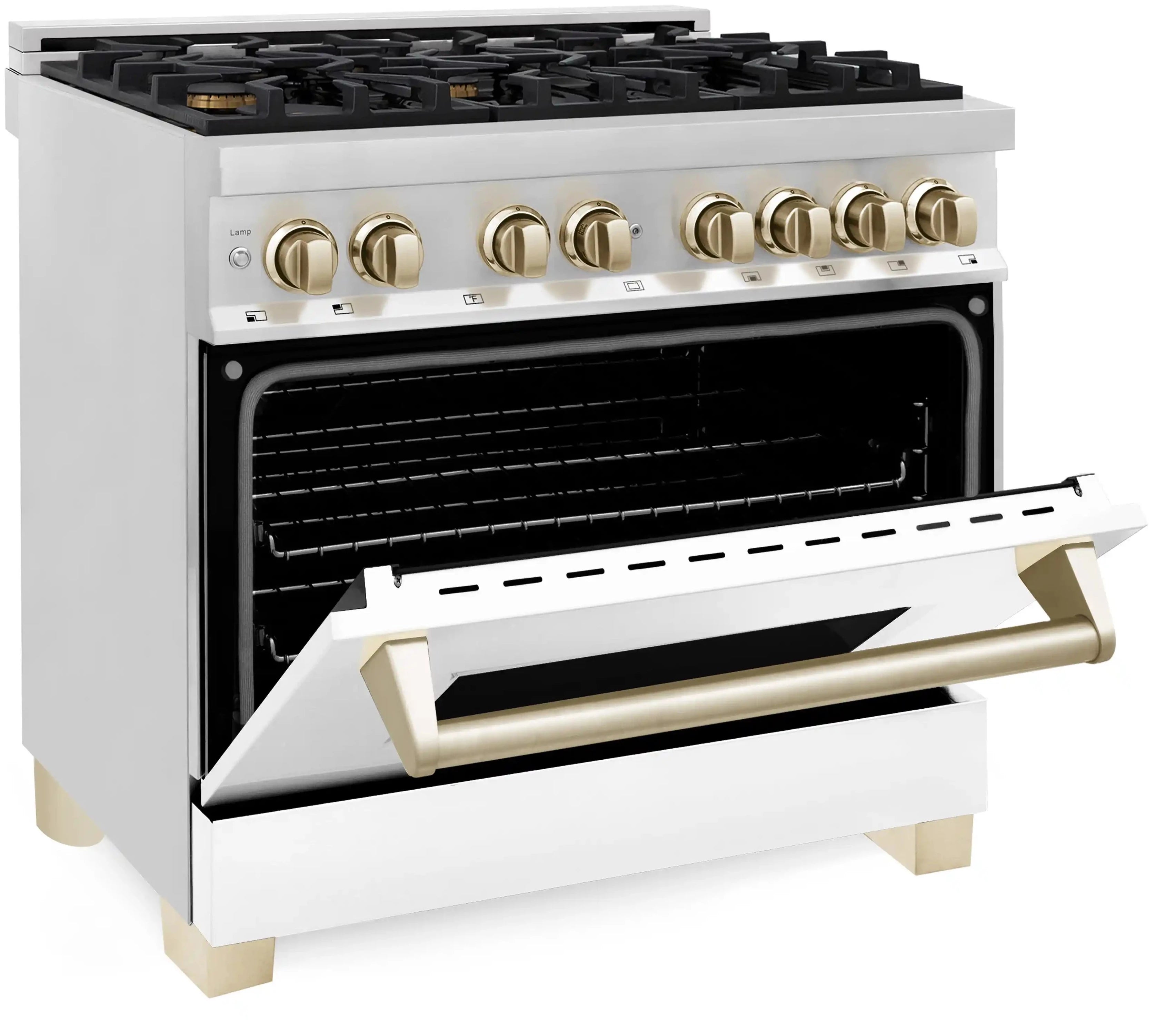 Stainless range with open oven and gold handle, black oven cavity and racks visible