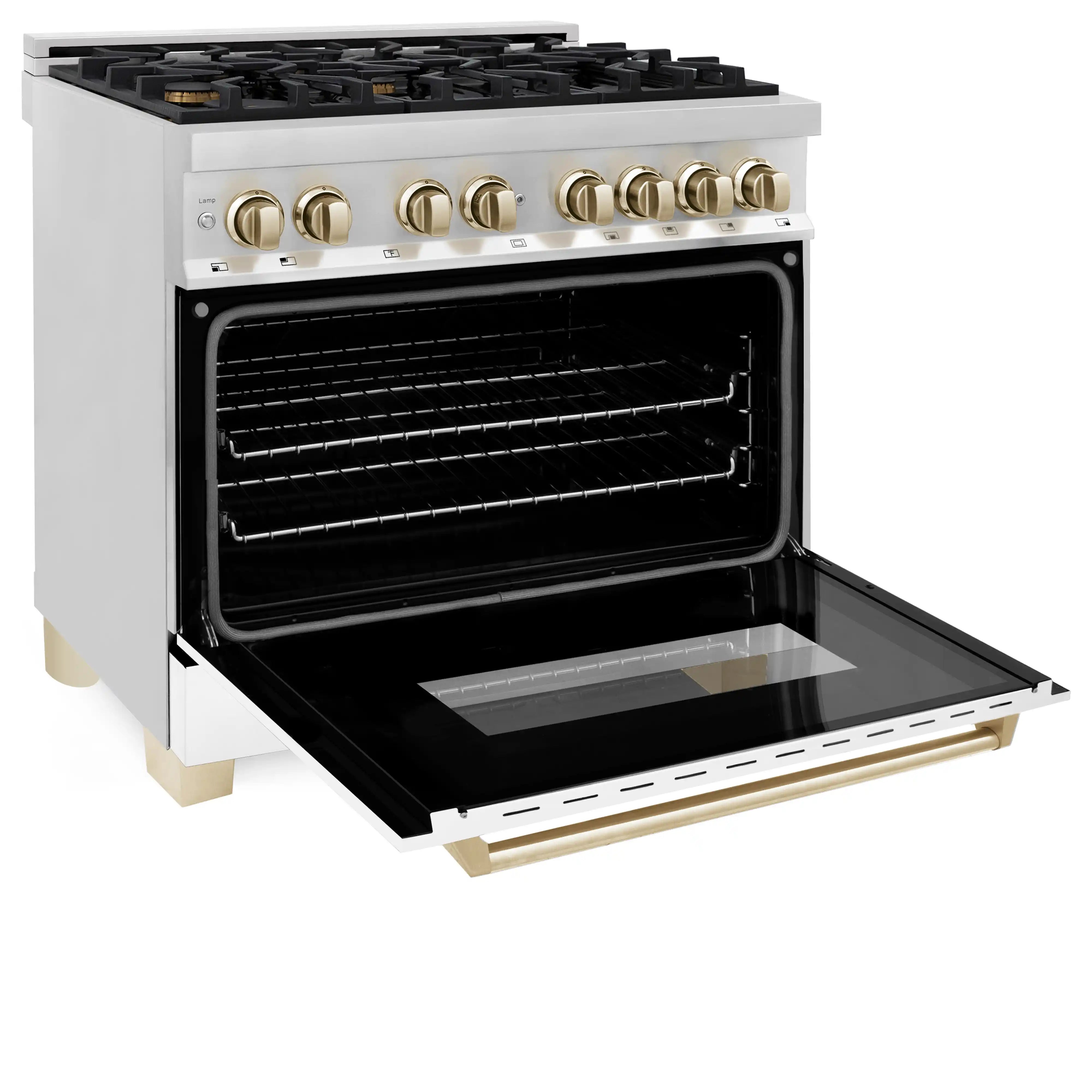 Stainless range with oven door open and black interior racks, gold handle extended