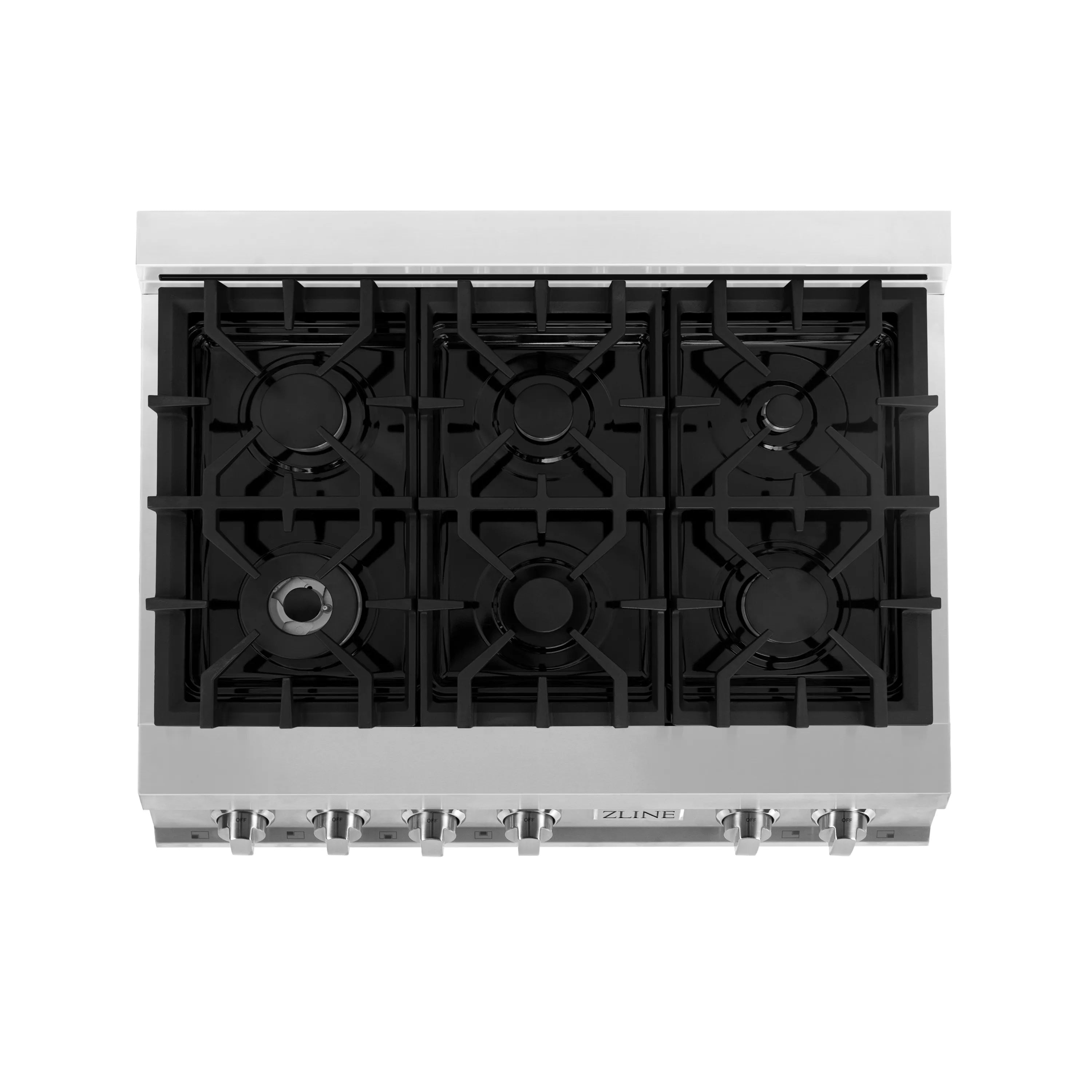 Six-burner gas cooktop with black grates and visible burner openings