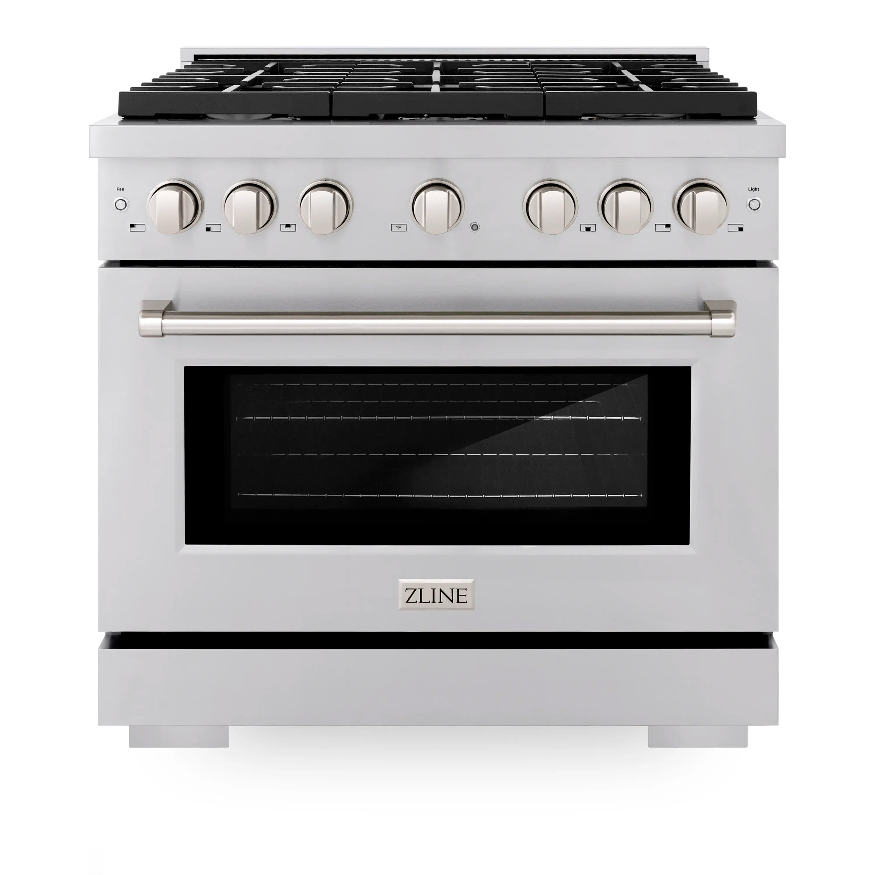Stainless steel range front with black cooktop grates and oven window with ZLINE logo