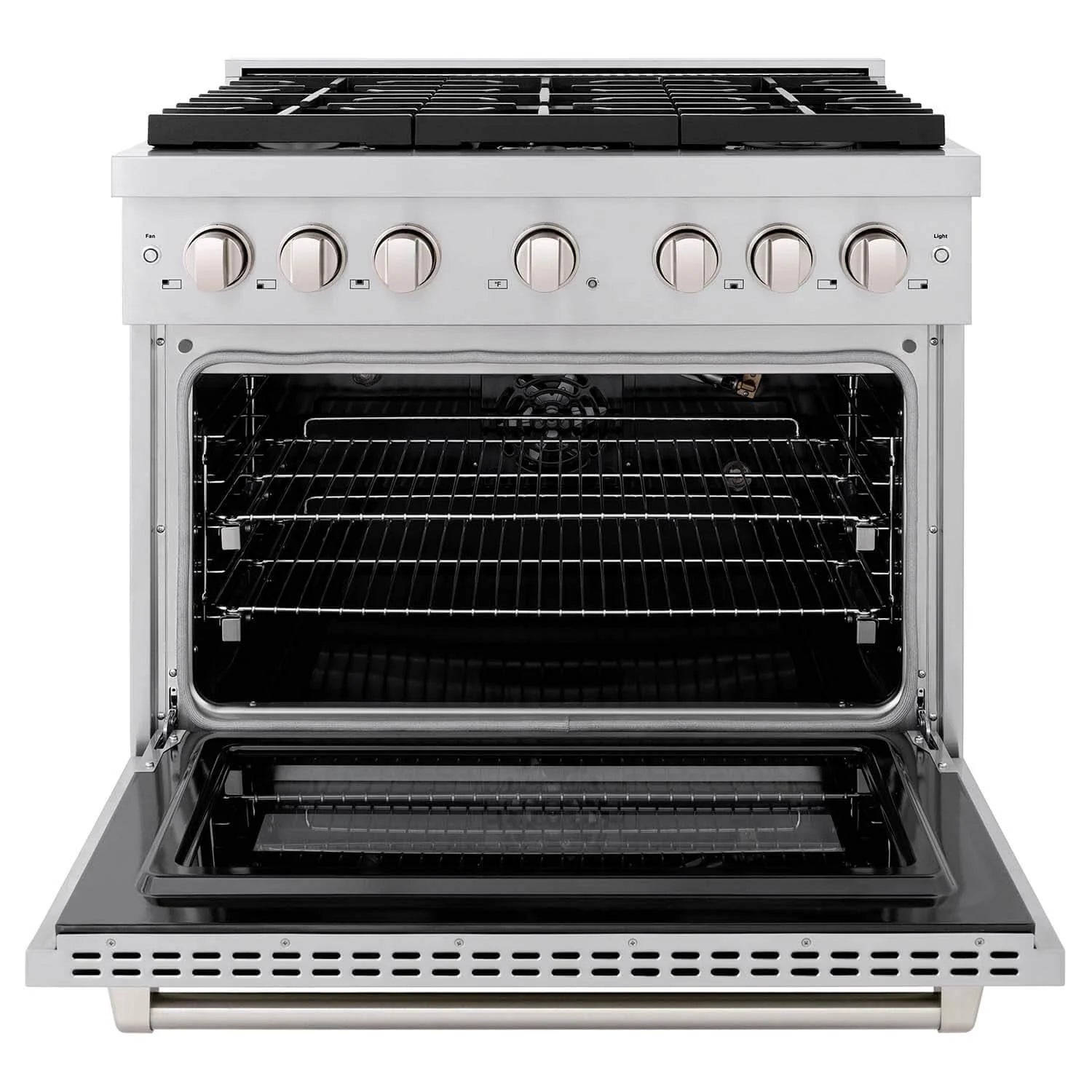 ZLINE stainless steel gas range with oven door open, showing convection-style racks and grates