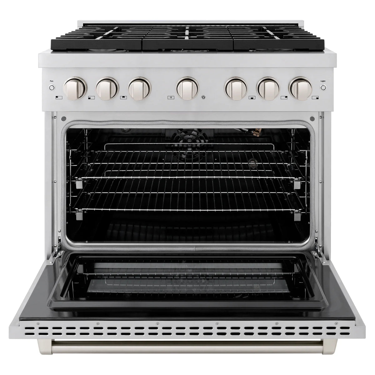 Stainless steel gas range with open oven door and wire racks (interior view)