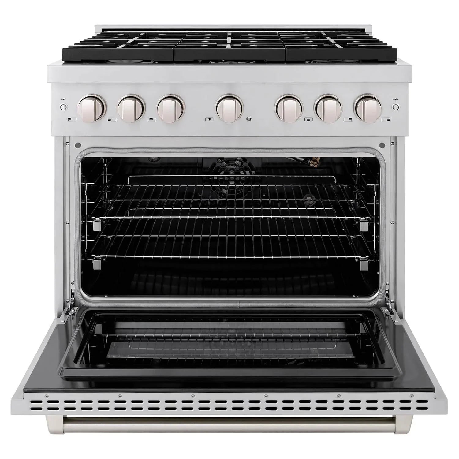 Stainless steel gas range with open oven door and interior racks, ZLINE