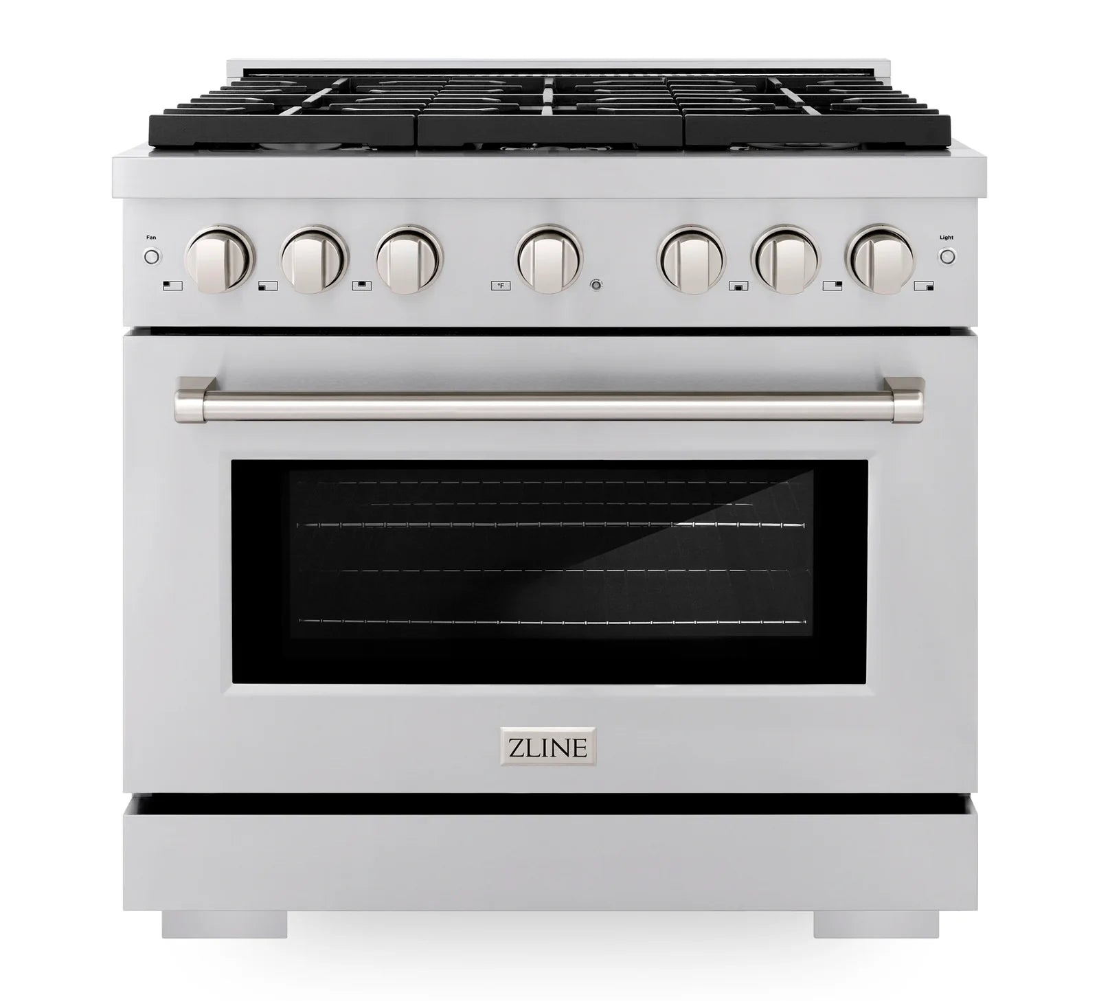 Stainless steel gas range with control knobs and glass oven door