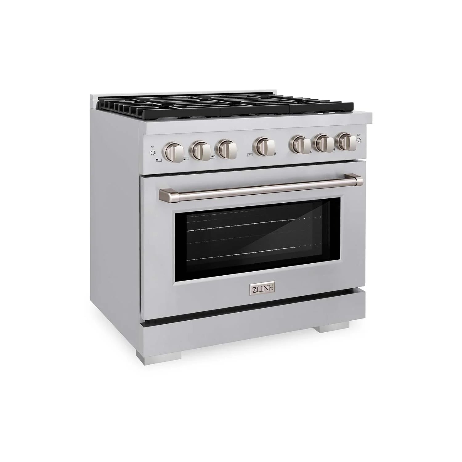 ZLINE stainless steel gas range, angled view with six burner knobs and glass oven door
