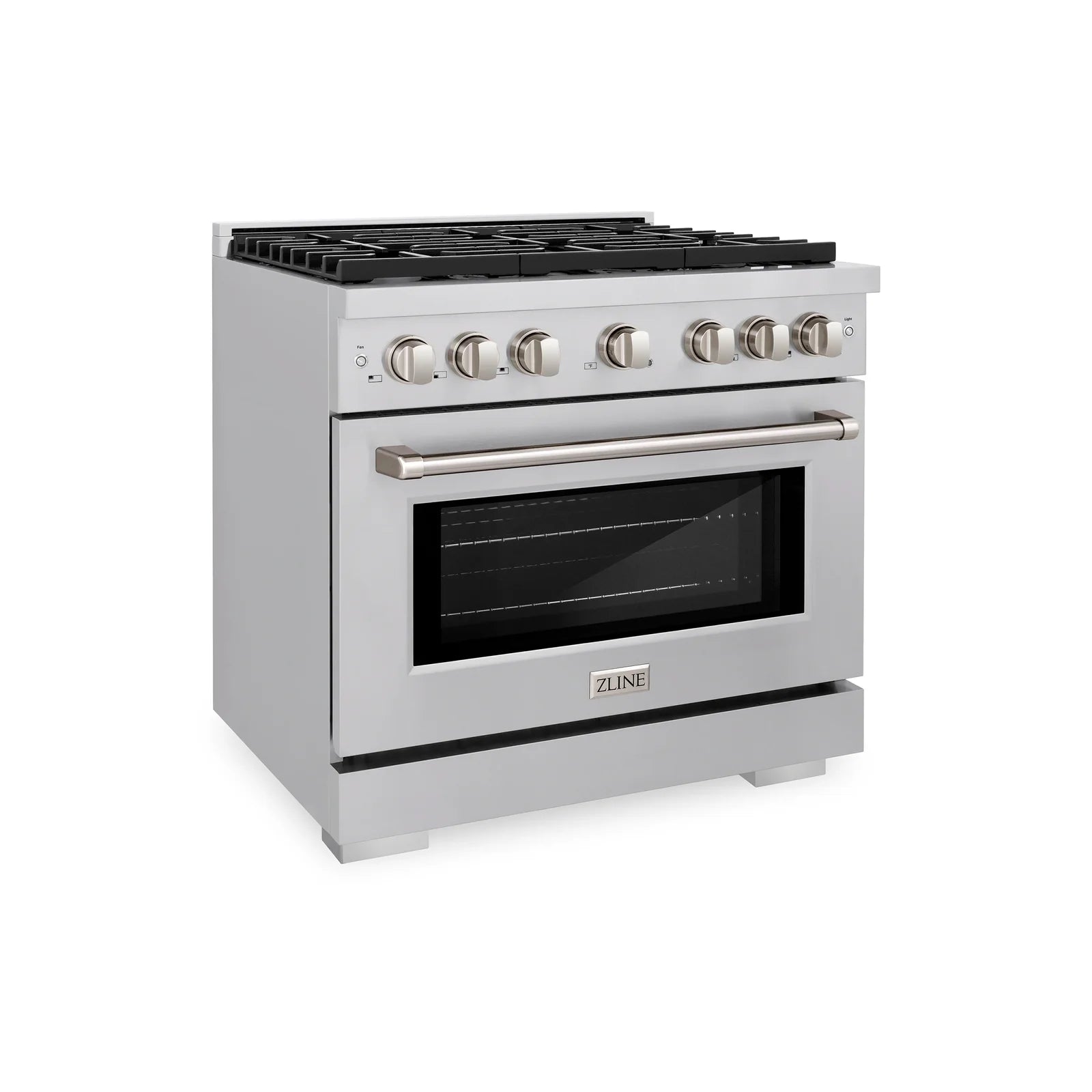 Stainless steel gas range with side controls, handle, and black oven window