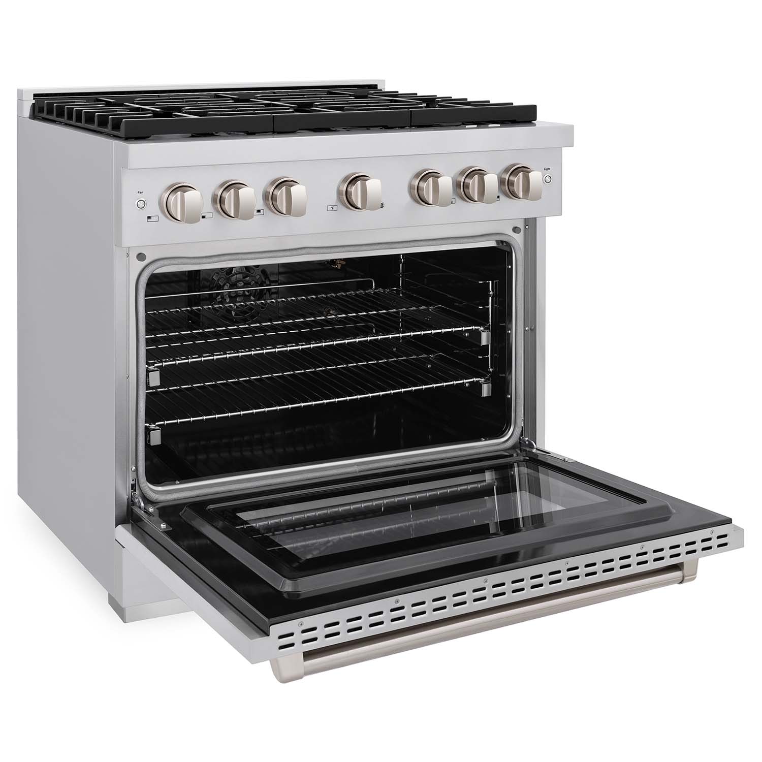 ZLINE stainless steel gas range with oven door and racks visible, plus pull-out broil tray