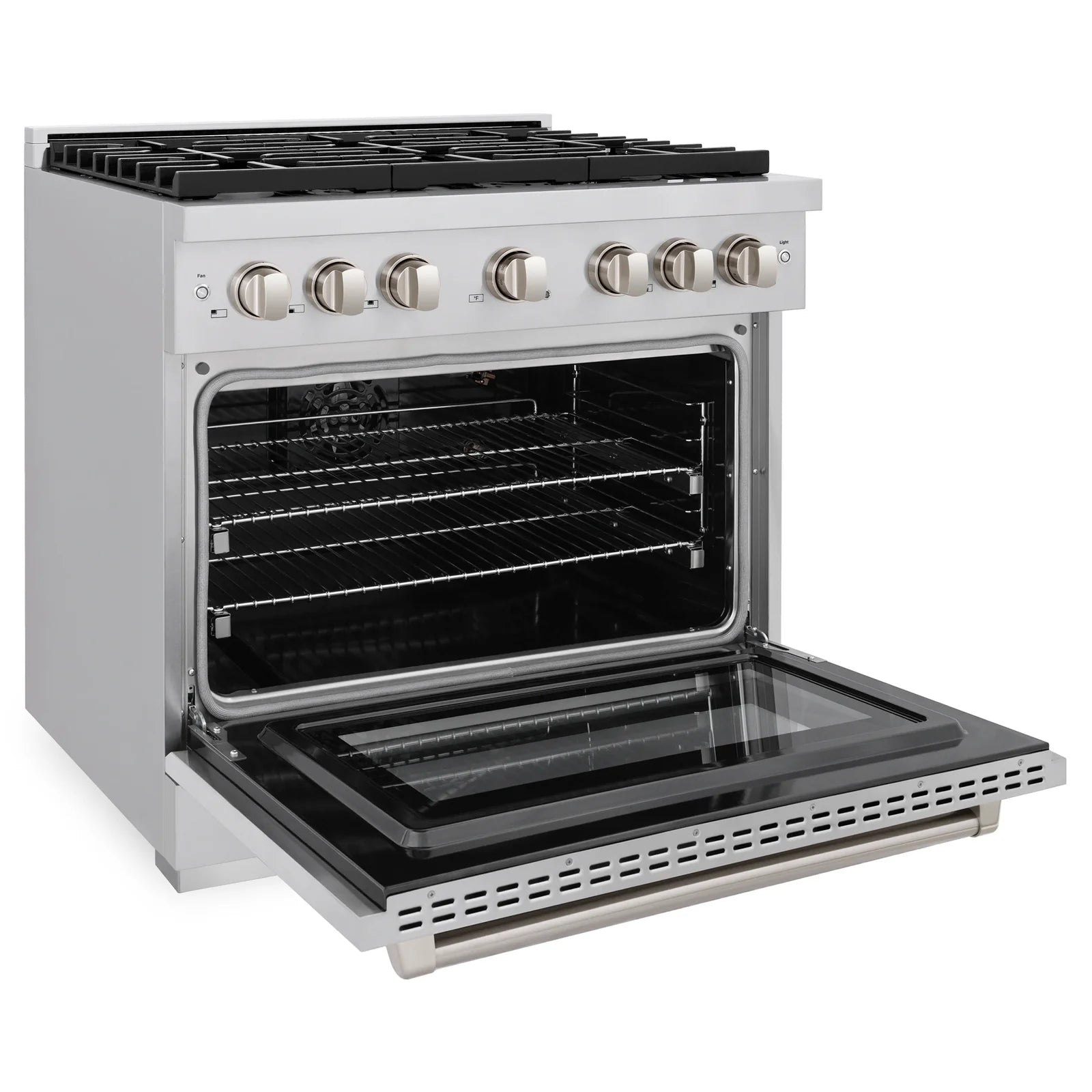 Stainless gas range with open oven and black rack inside